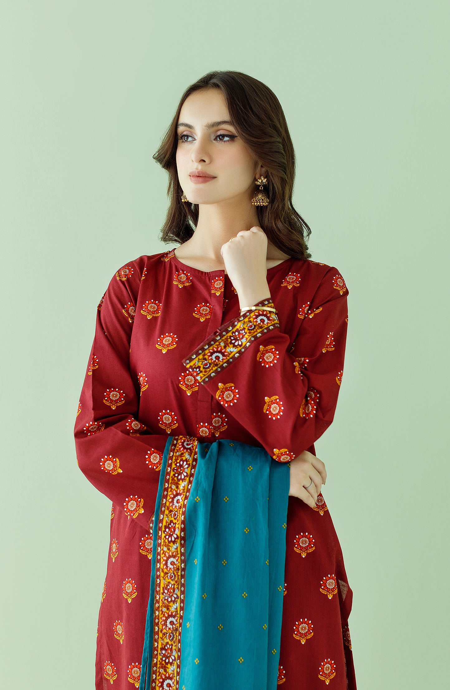 Stitched 3 Piece Printed Lawn Shirt , Cambric Pant and Lawn Dupatta (OTL-23-365/S MAROON)