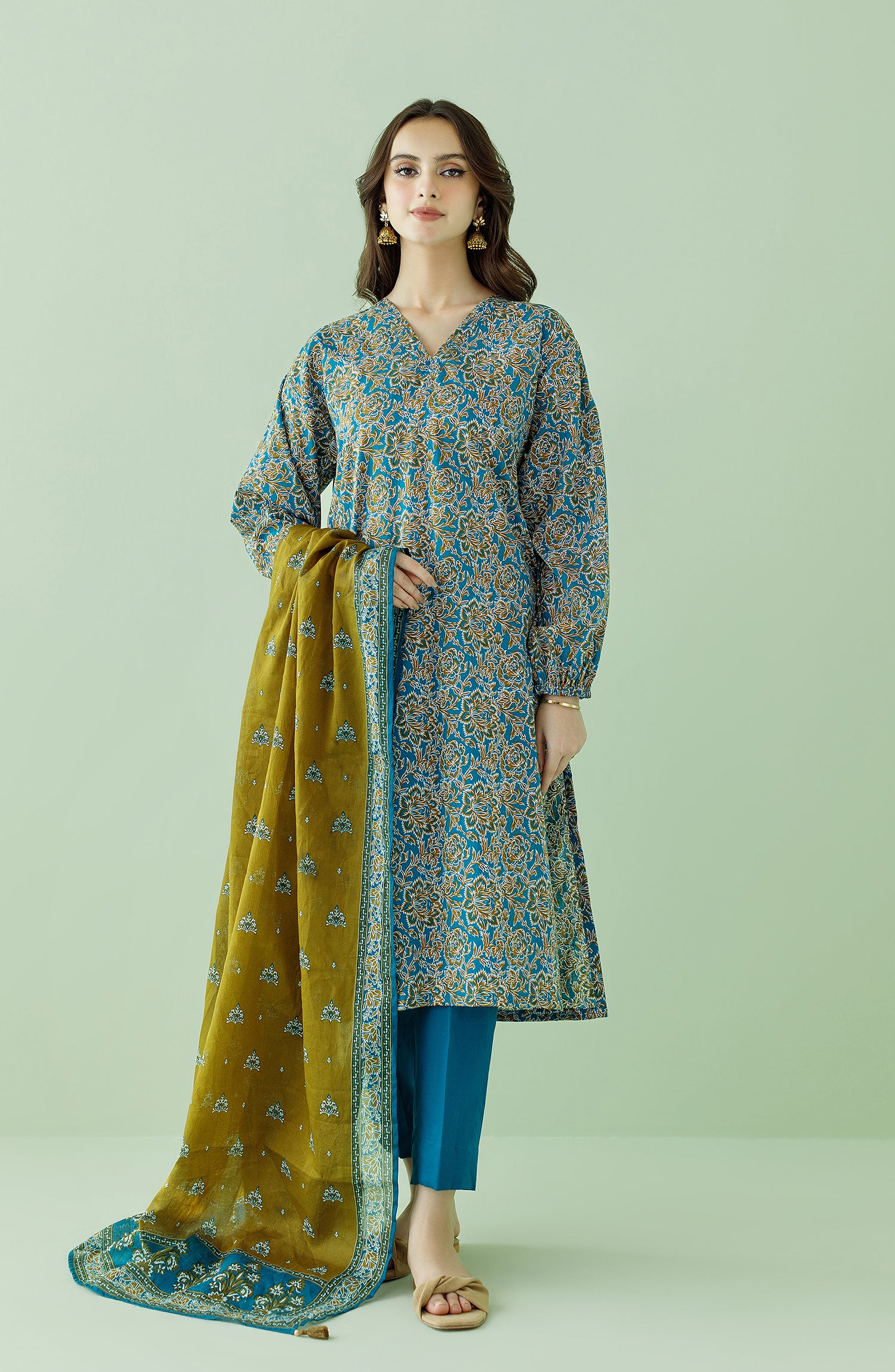 Stitched 3 Piece Printed Lawn Shirt , Cambric Pant and Lawn Dupatta (OTL-23-362/S TEAL)
