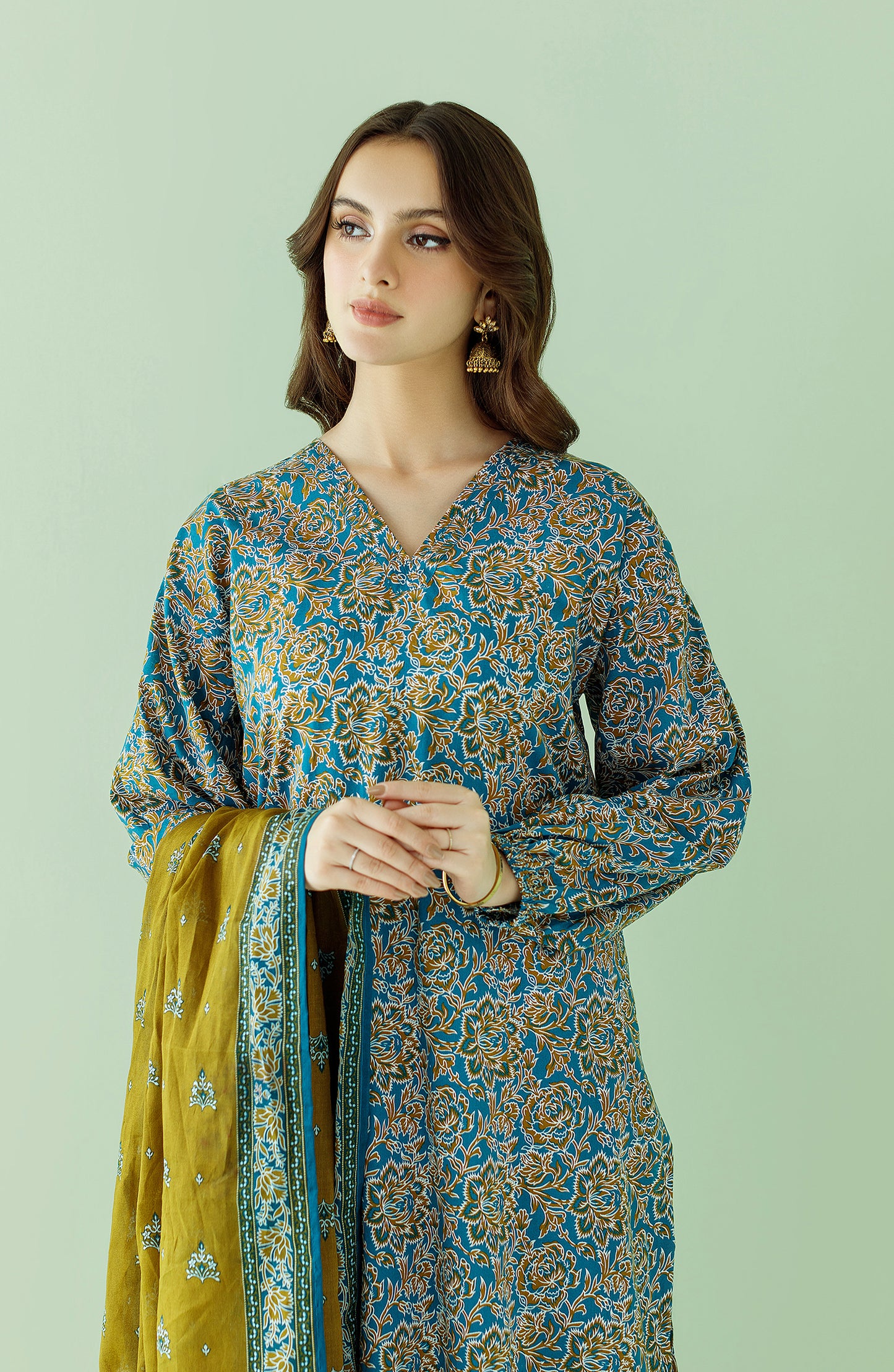 Stitched 3 Piece Printed Lawn Shirt , Cambric Pant and Lawn Dupatta (OTL-23-362/S TEAL)