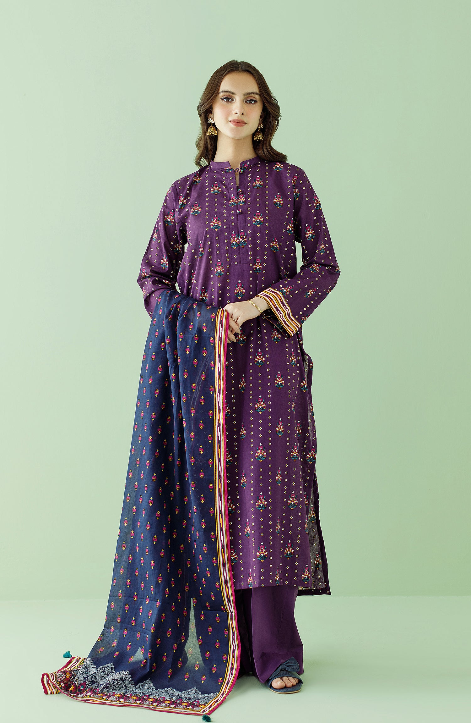 Stitched 3 Piece Printed Lawn Shirt , Cambric Pant and Lawn Dupatta (OTL-23-355/S PURPLE)