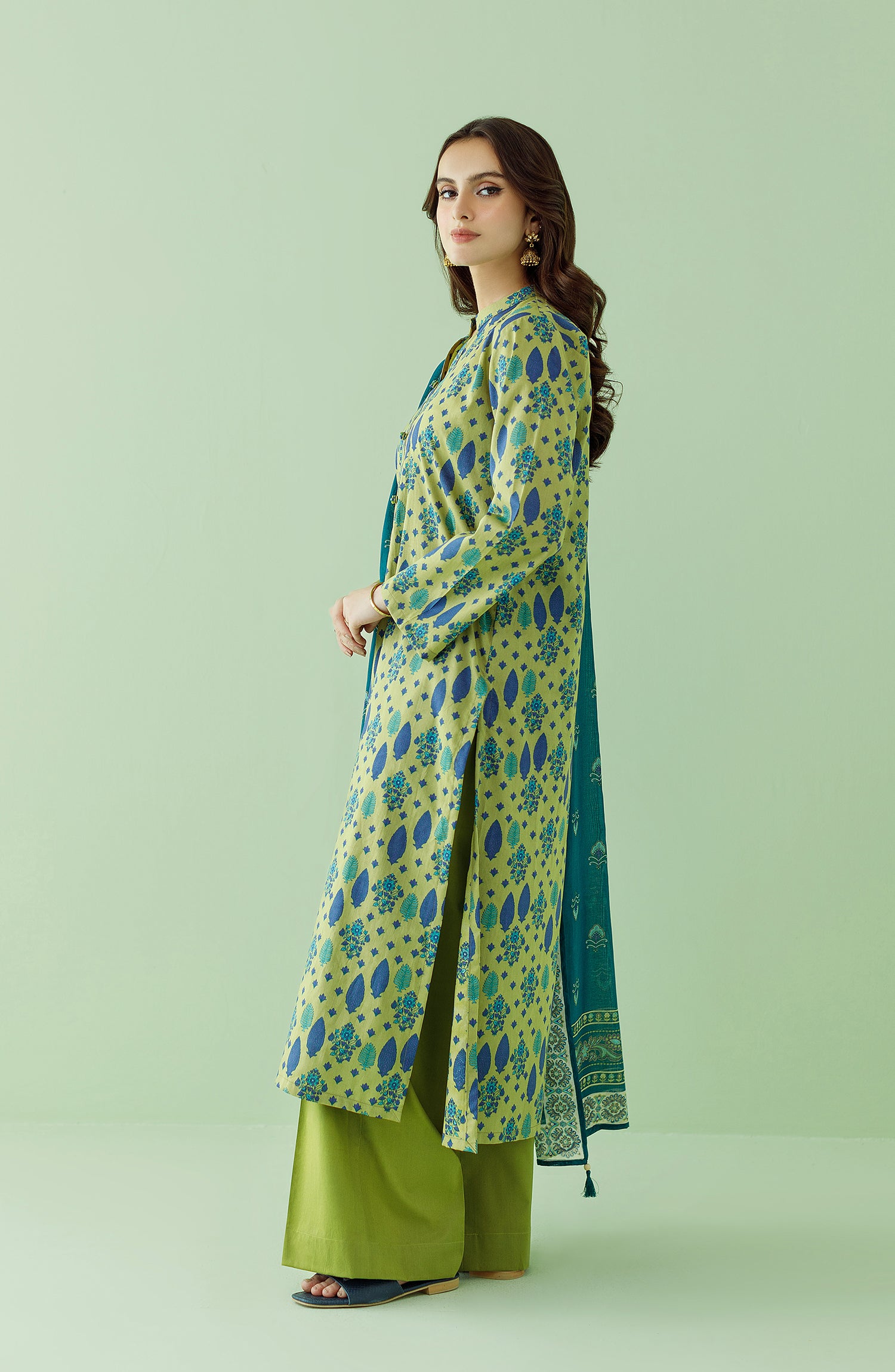 Stitched 3 Piece Printed Lawn Shirt , Cambric Pant and Lawn Dupatta (OTL-23-364/S GREEN)