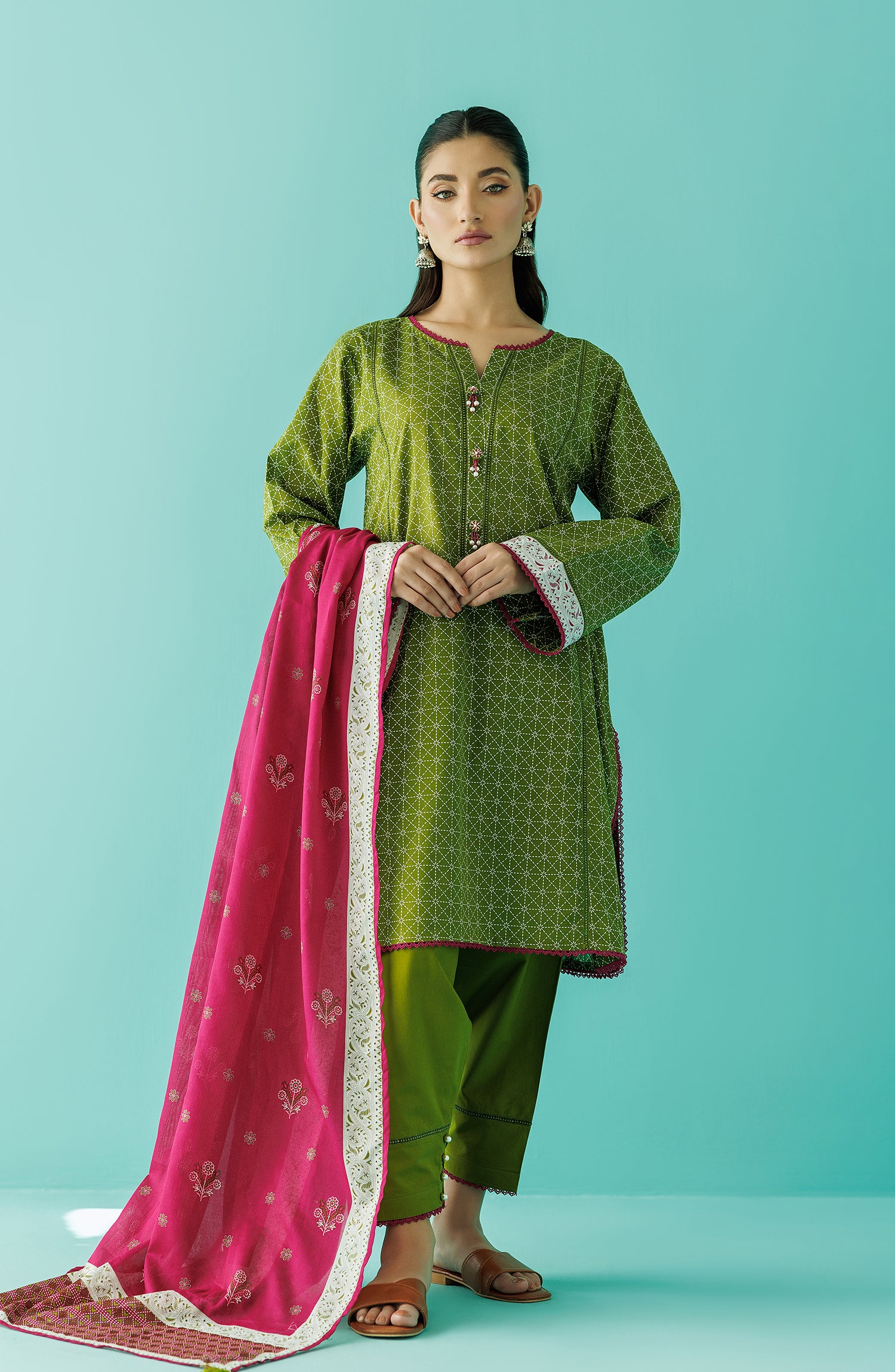 Unstitched 3 Piece Printed Lawn Shirt , Cambric Pant and Lawn Dupatta (OTL-24-086/U GREEN)