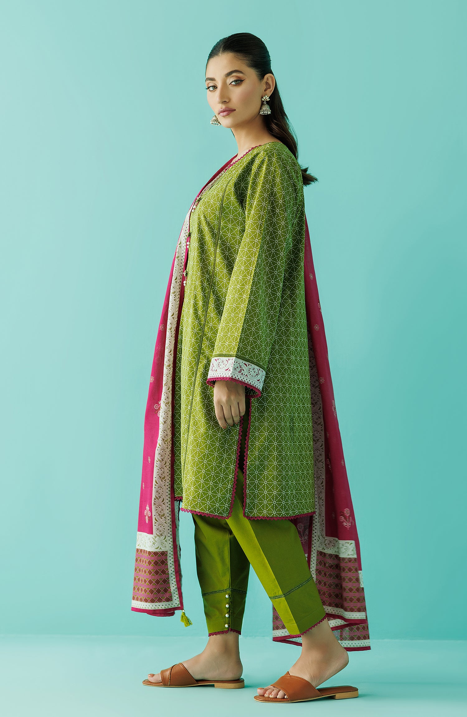 Unstitched 3 Piece Printed Lawn Shirt , Cambric Pant and Lawn Dupatta (OTL-24-086/U GREEN)