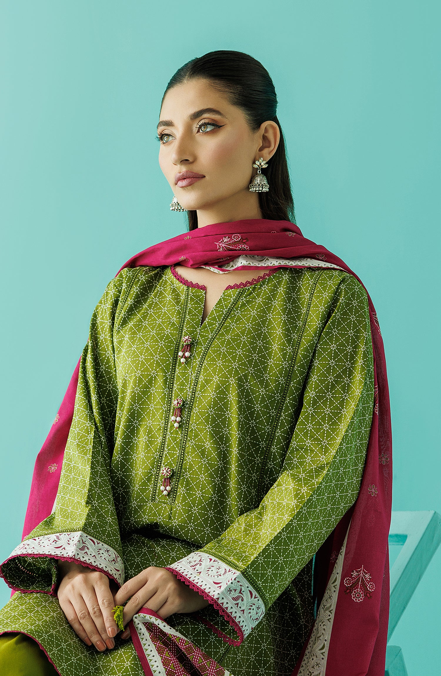 Unstitched 3 Piece Printed Lawn Shirt , Cambric Pant and Lawn Dupatta (OTL-24-086/U GREEN)