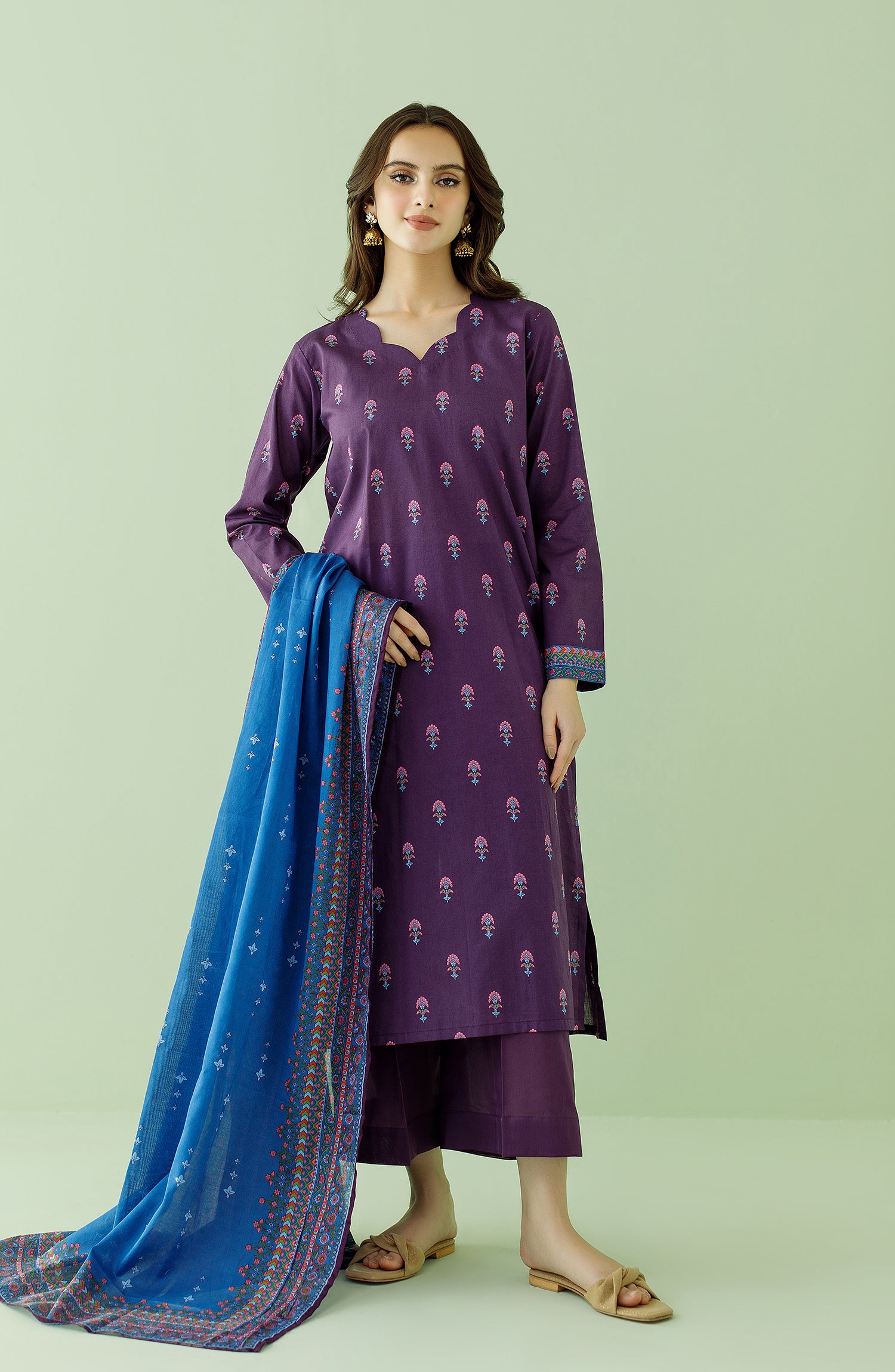 Stitched 3 Piece Printed Lawn Shirt , Cambric Pant and Lawn Dupatta (OTL-23-351/S PURPLE)