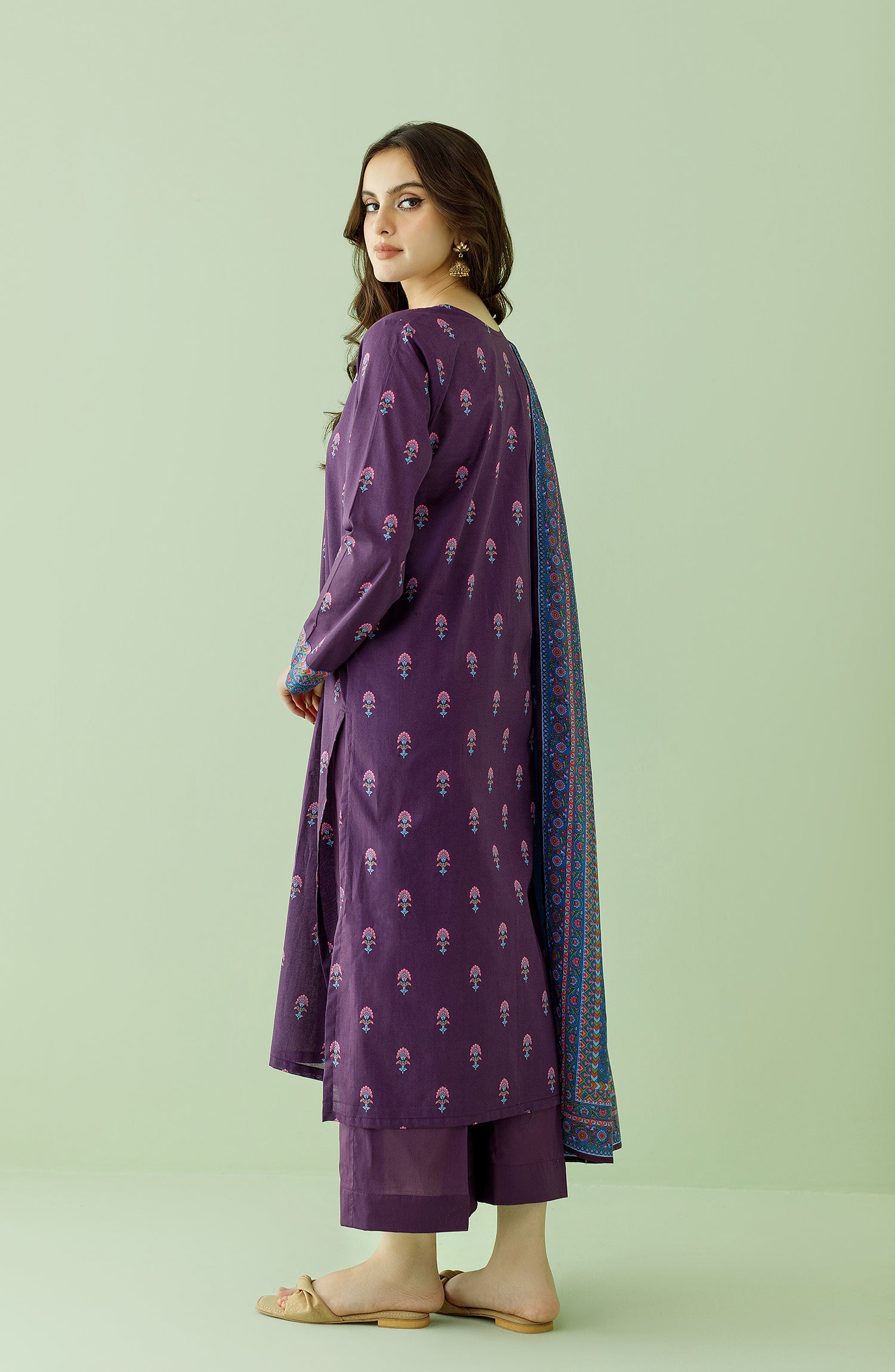 Stitched 3 Piece Printed Lawn Shirt , Cambric Pant and Lawn Dupatta (OTL-23-351/S PURPLE)