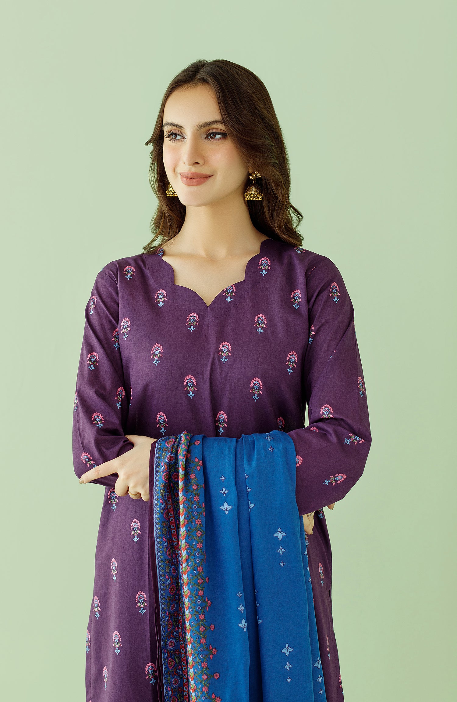 Stitched 3 Piece Printed Lawn Shirt , Cambric Pant and Lawn Dupatta (OTL-23-351/S PURPLE)