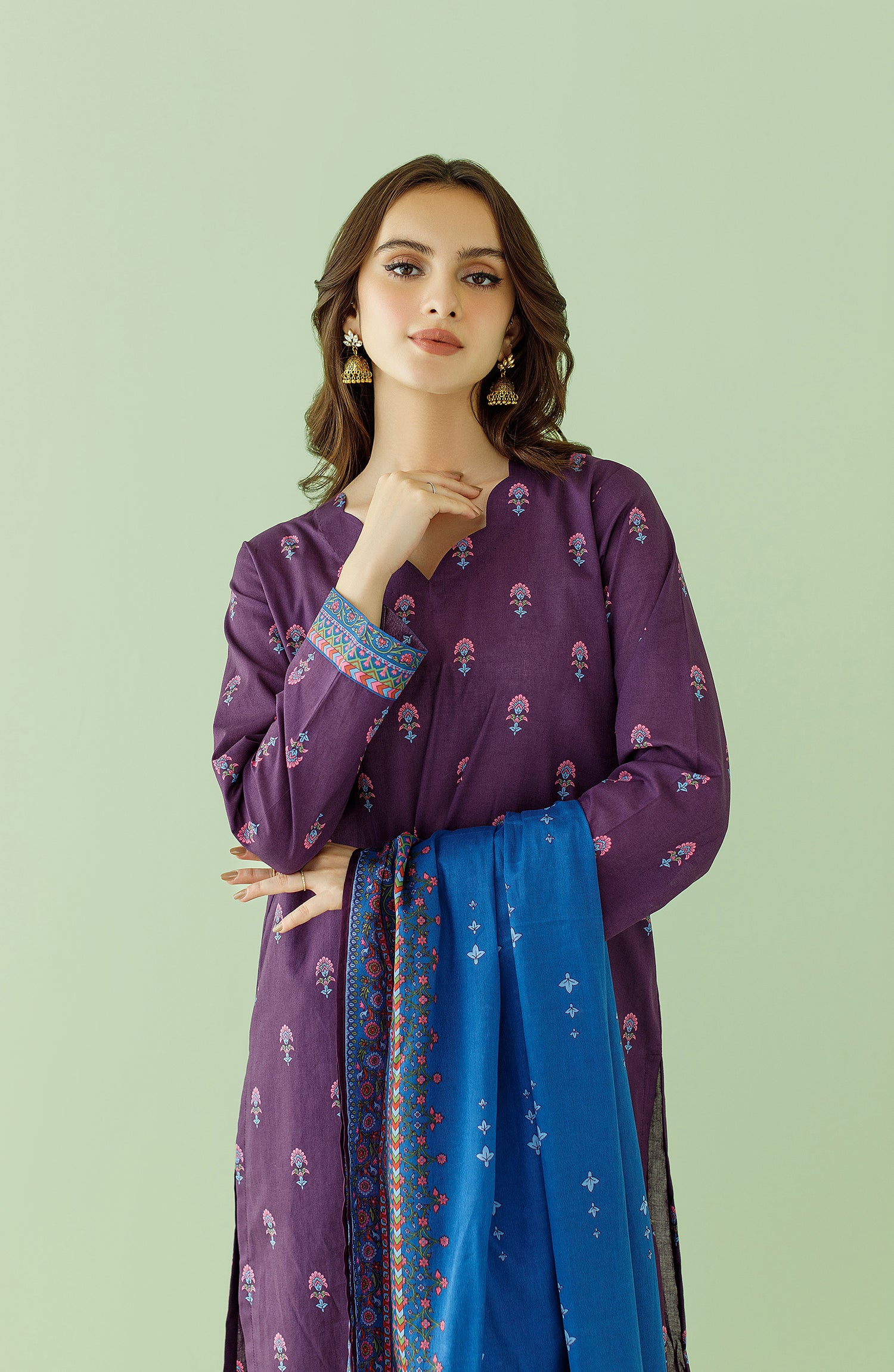 Stitched 3 Piece Printed Lawn Shirt , Cambric Pant and Lawn Dupatta (OTL-23-351/S PURPLE)