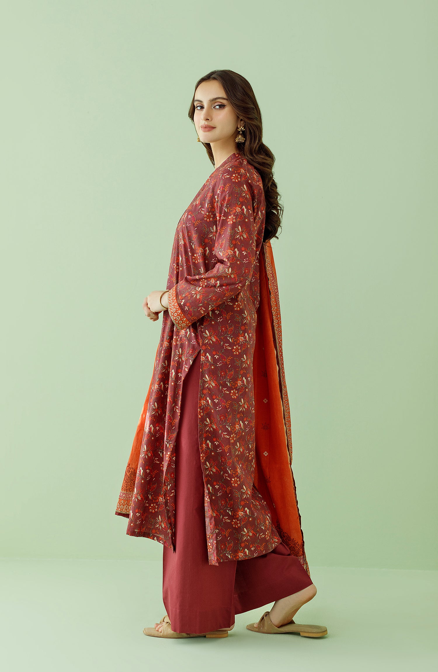 Stitched 3 Piece Printed Lawn Shirt , Cambric Pant and Lawn Dupatta (OTL-23-357/S MAROON)