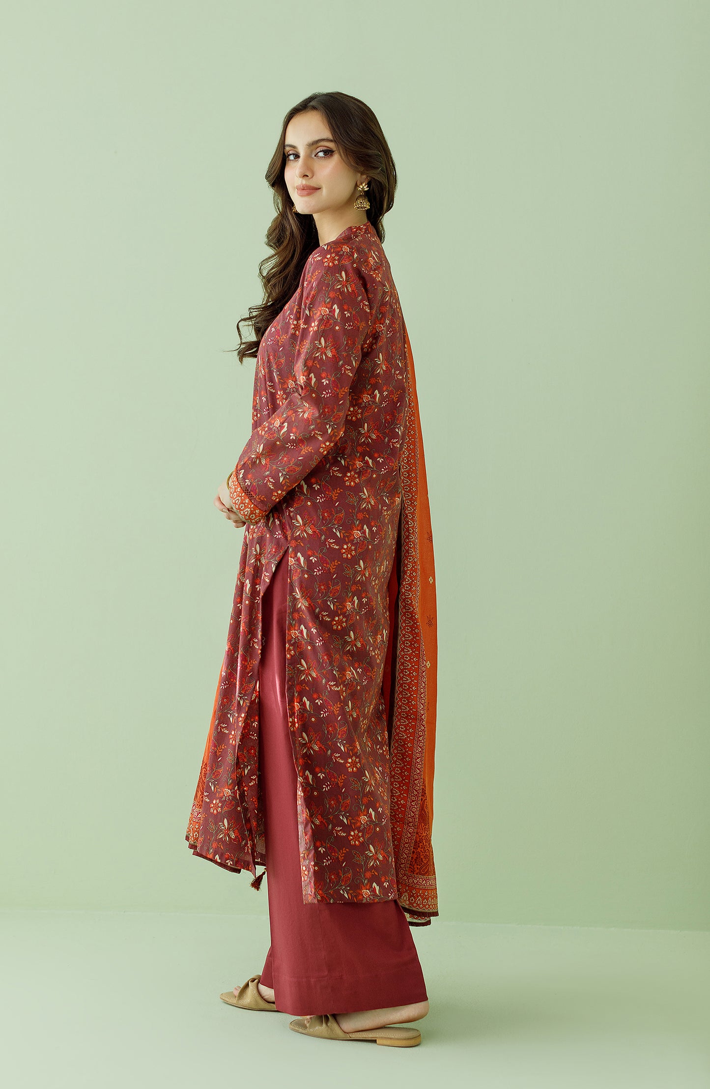 Stitched 3 Piece Printed Lawn Shirt , Cambric Pant and Lawn Dupatta (OTL-23-357/S MAROON)