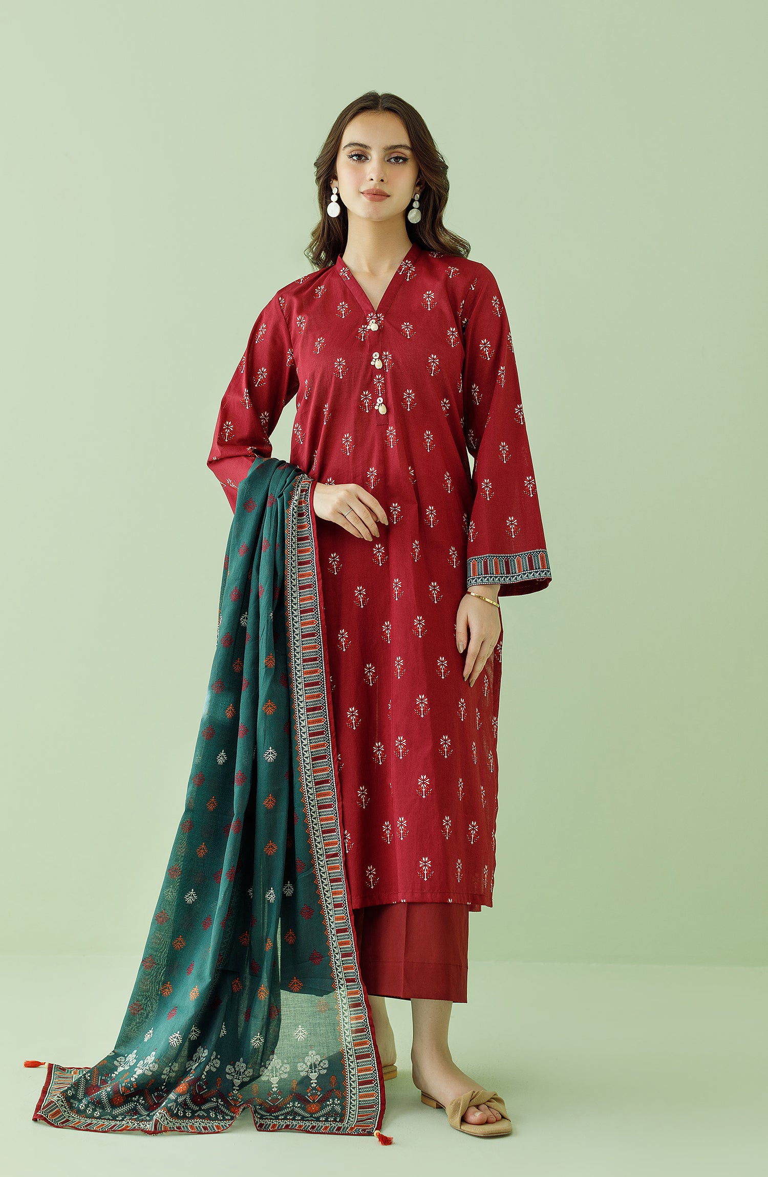 Stitched 3 Piece Printed Lawn Shirt , Cambric Pant and Lawn Dupatta (OTL-23-360/S RED)