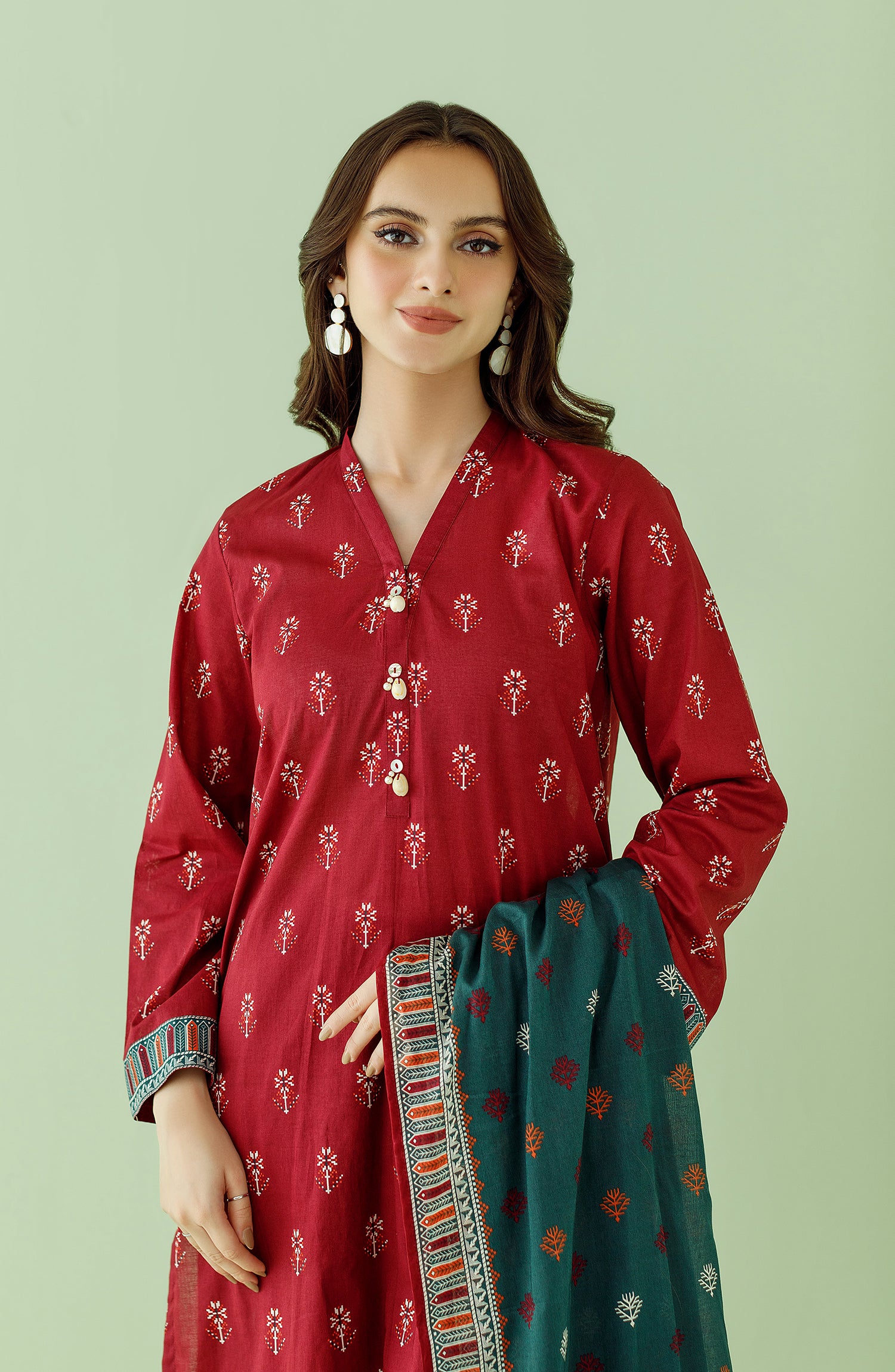Stitched 3 Piece Printed Lawn Shirt , Cambric Pant and Lawn Dupatta (OTL-23-360/S RED)