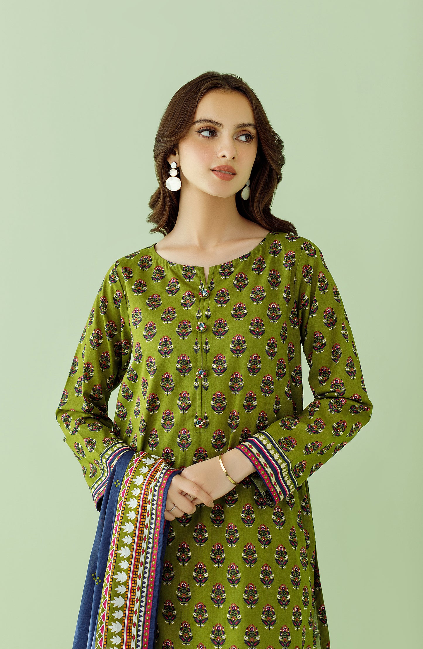 Stitched 3 Piece Printed Lawn Shirt , Cambric Pant and Lawn Dupatta (OTL-23-344/S GREEN)