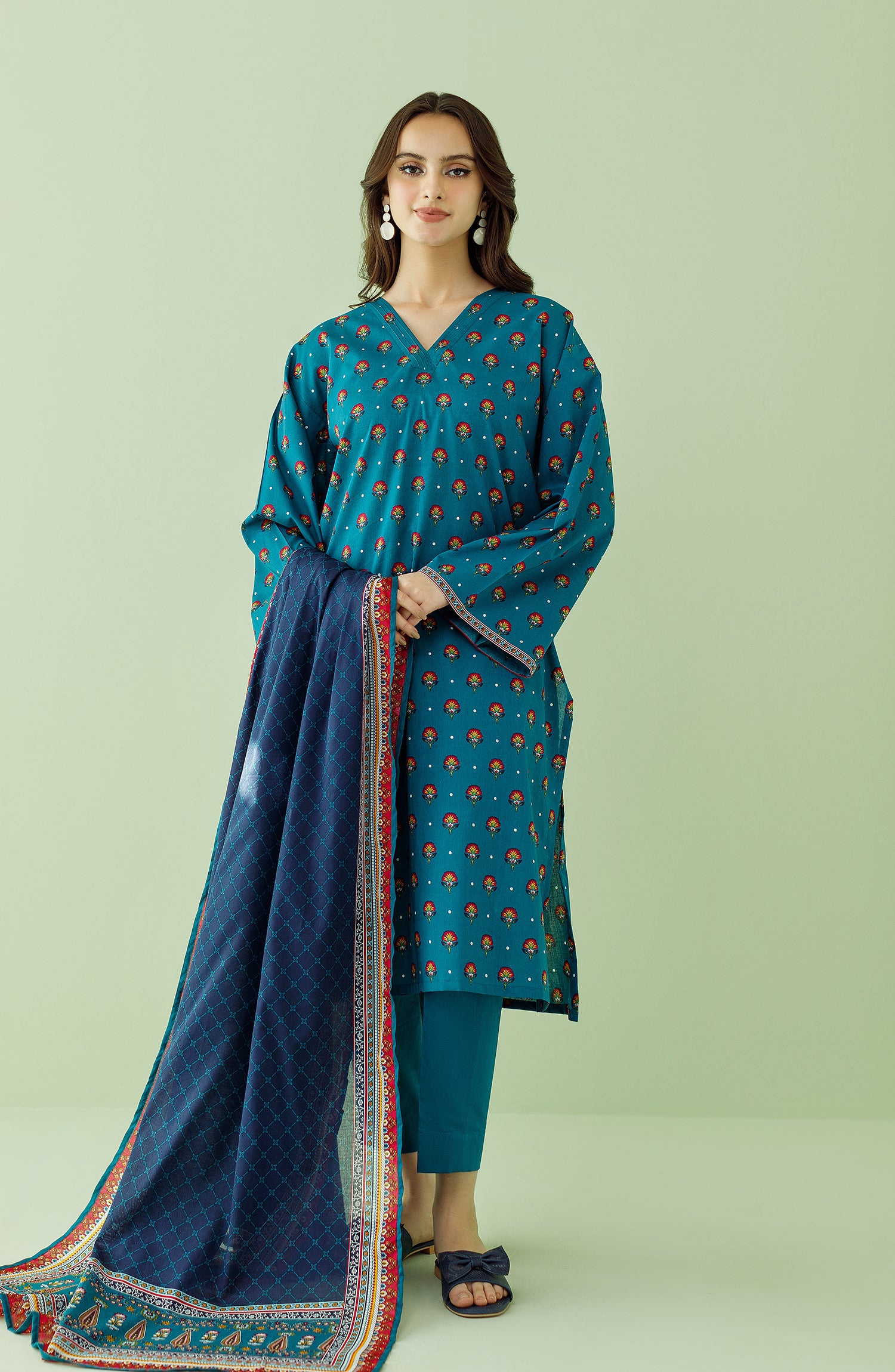 Stitched 3 Piece Printed Lawn Shirt , Cambric Pant and Lawn Dupatta (OTL-23-361/S TEAL)