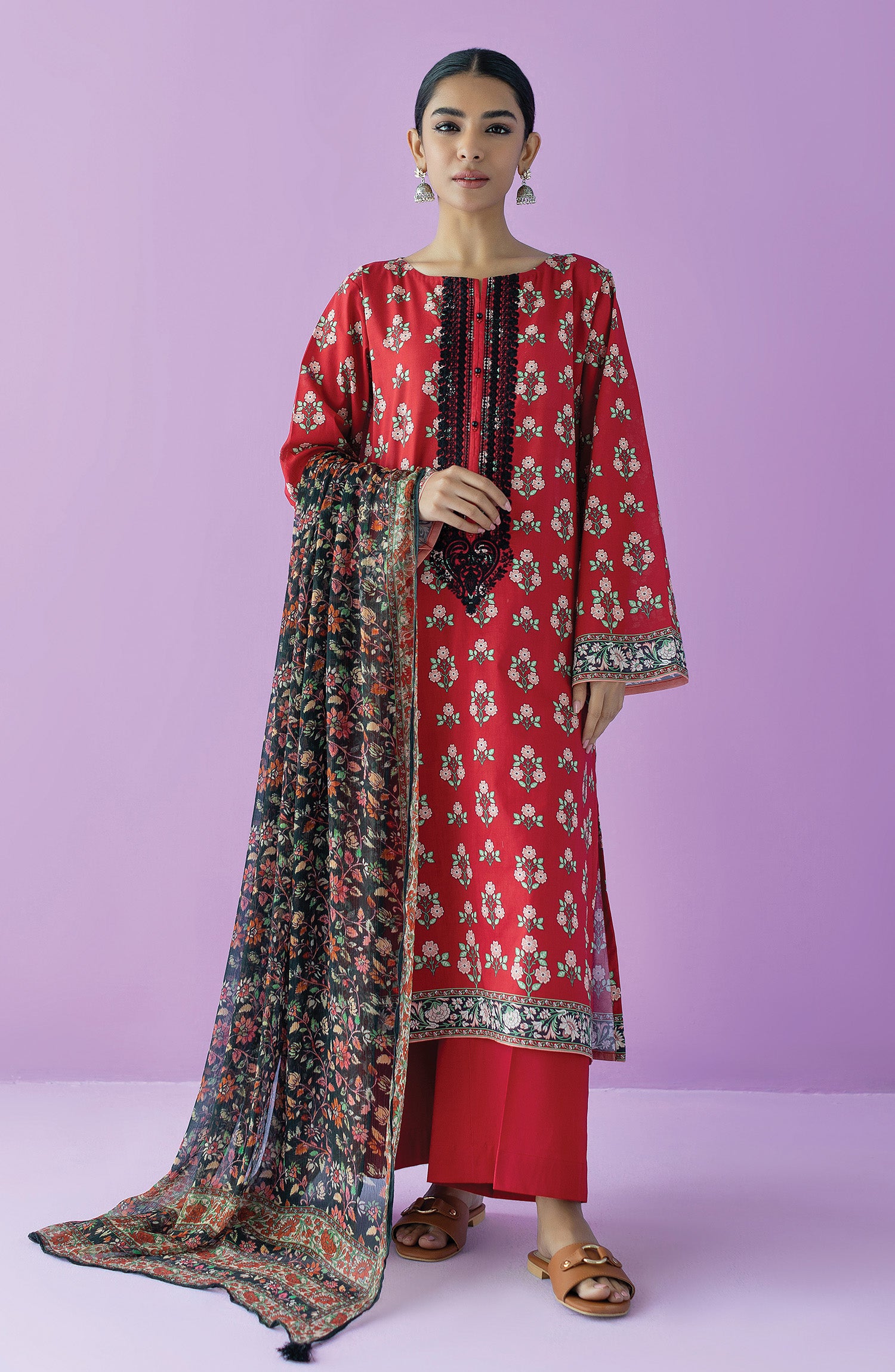 OTL-23-128/U RED LAWN  UNSTITCHED SHIRT DUPATTA PANTS