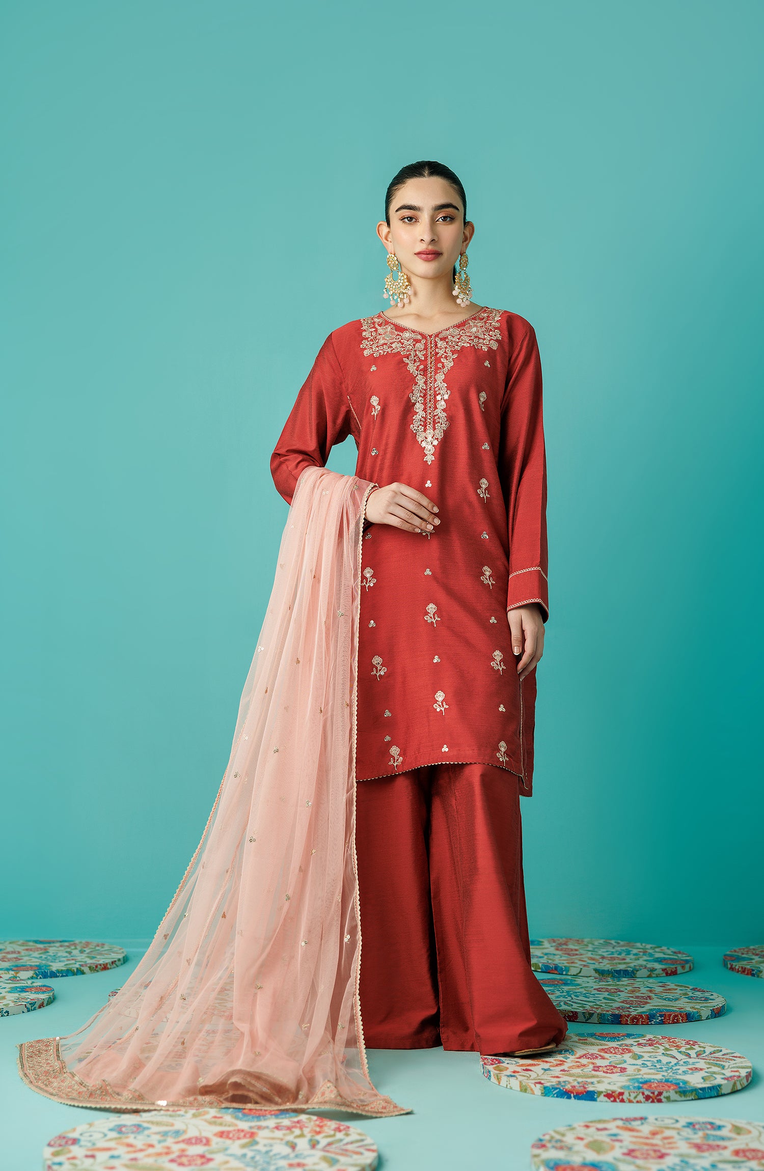 Stitched 3 Piece Embroidered Cotton Silk Shirt , Cotton Silk Pant and Poly Net Dupatta (WRFC23W-3009)
