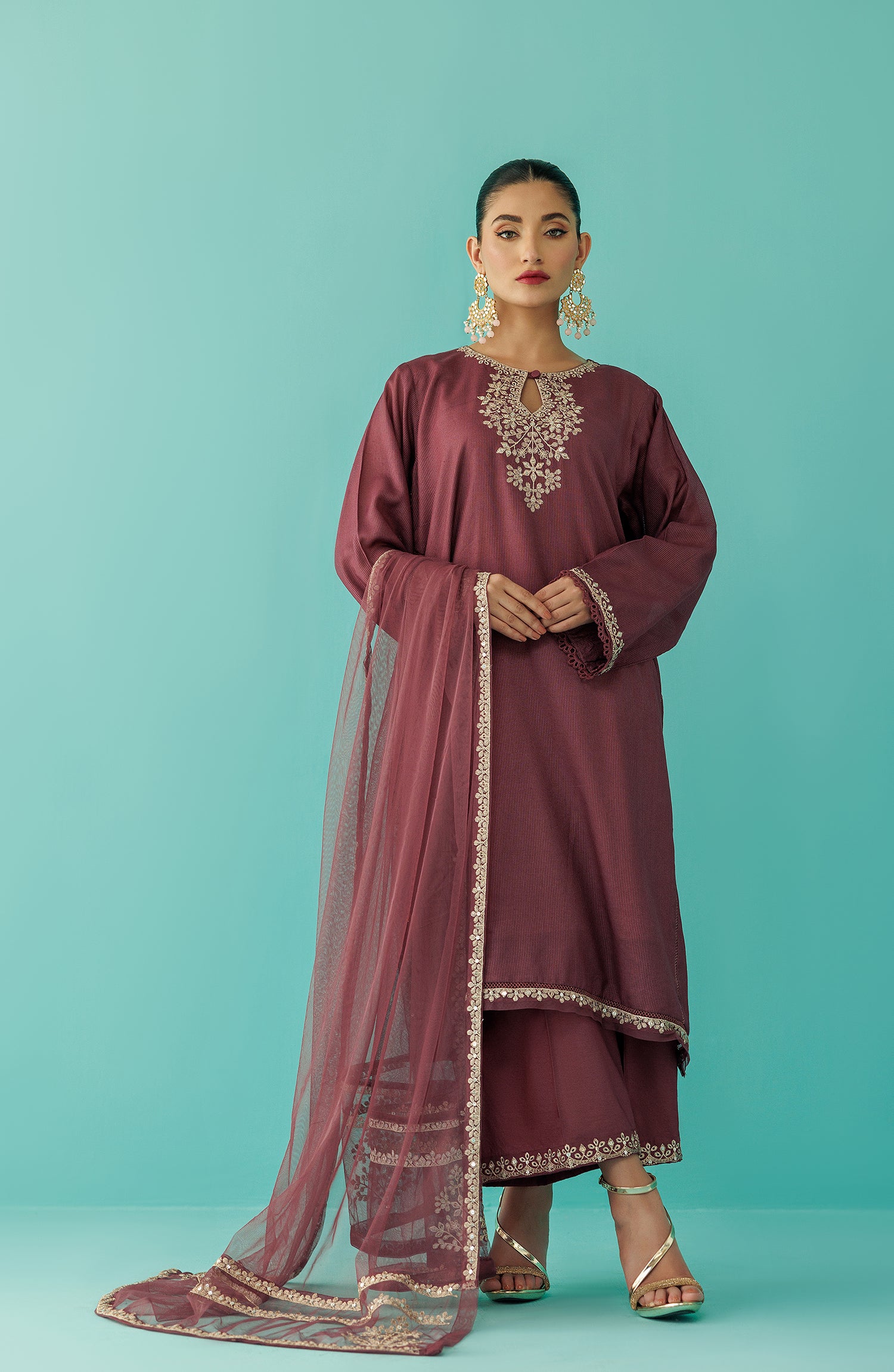 Stitched 3 Piece Embroidered Cotton Net Shirt , Raw Silk Pant and Poly Net Dupatta (OTLF-23-075/S MAROON)