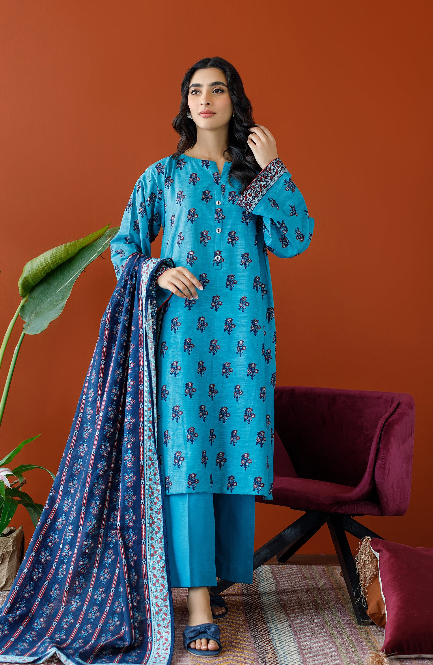 OTL-23-277/U TURQUOISE KHADDAR Women UNSTITCHED SHIRT DUPATTA PANTS