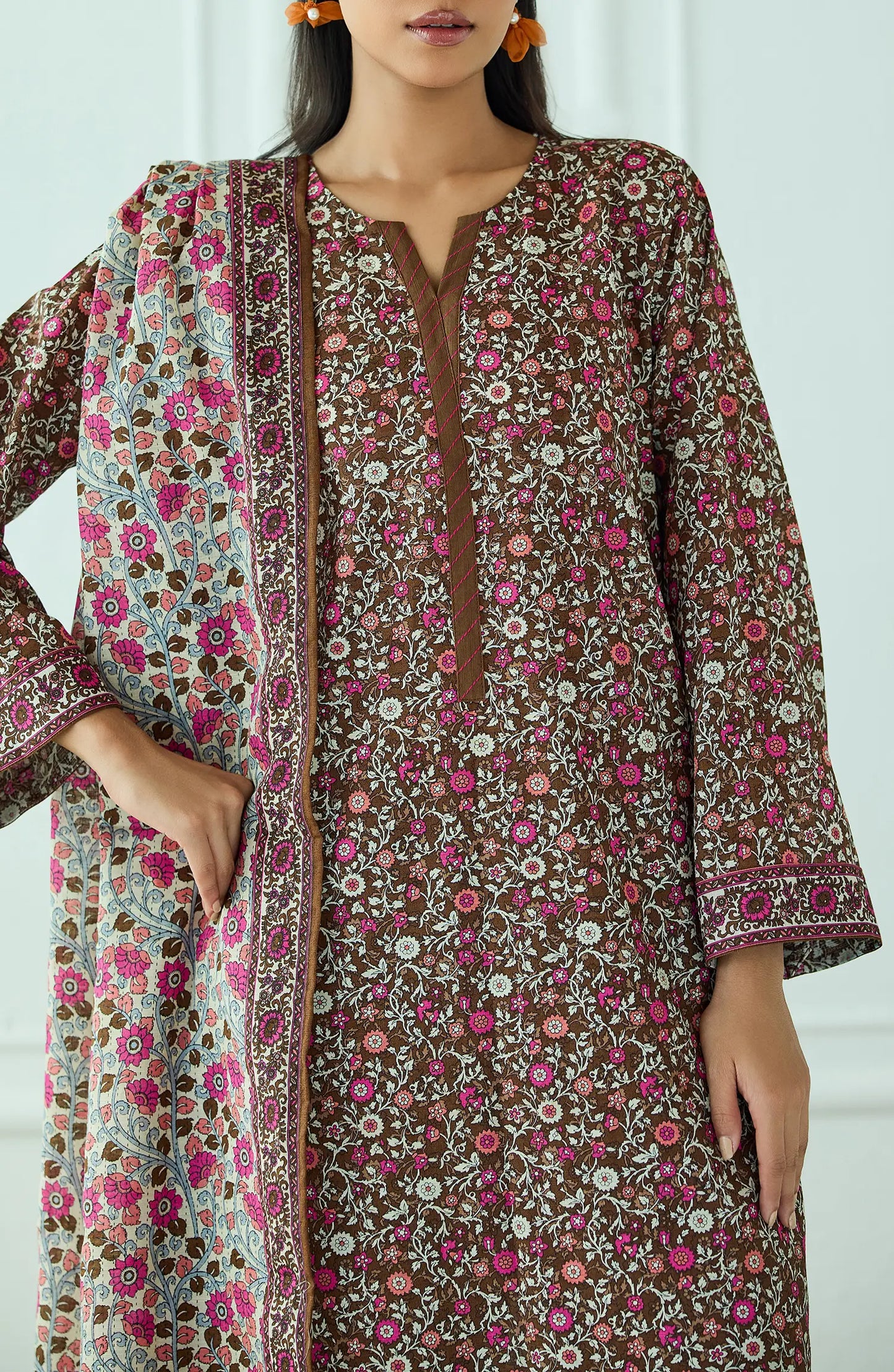 Unstitched | 3 Piece | Printed | Khaddar Shirt | OTL-25-455/U BROWN