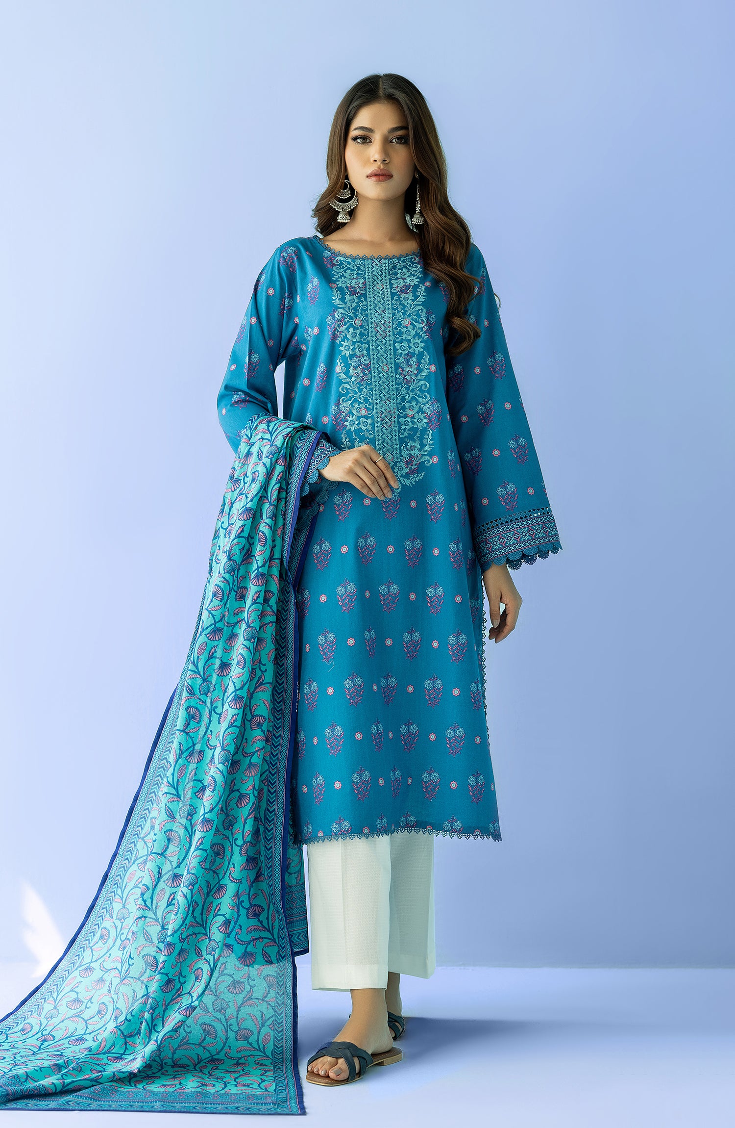 Unstitched 2 Piece Embroidered Lawn Shirt and Lawn Dupatta (NRDS-24-024/U SEA GREEN)