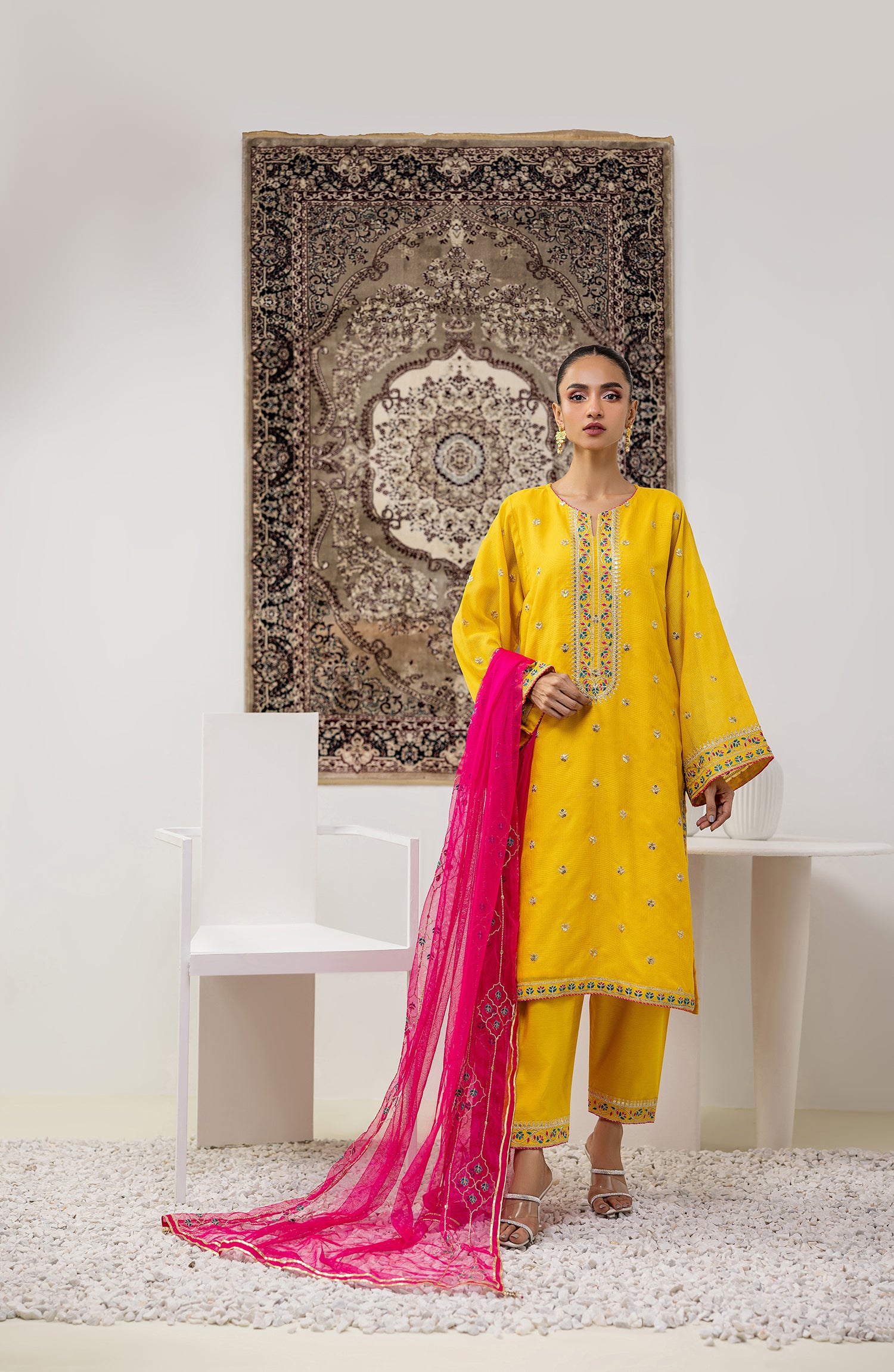 Stitched 3 Piece Embroidered Cotton Net Shirt , Raw Silk Pant and Poly Net Dupatta (OTLF-23-074/S YELLOW)