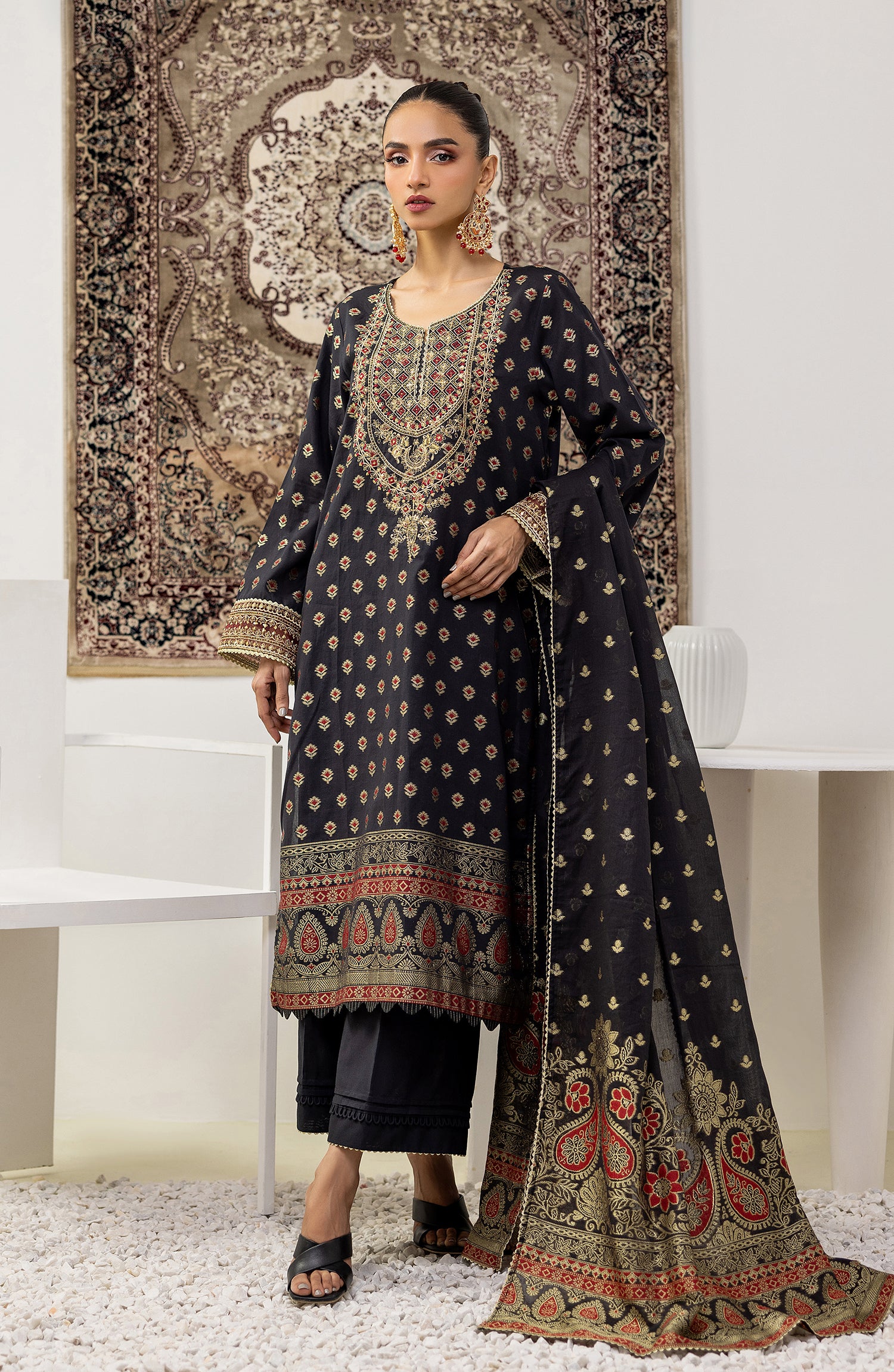 Stitched 3 Piece Embroidered Jacquard Shirt , Cambric Pant and JACQUARD Dupatta (OTLF-23-080/S BLACK)