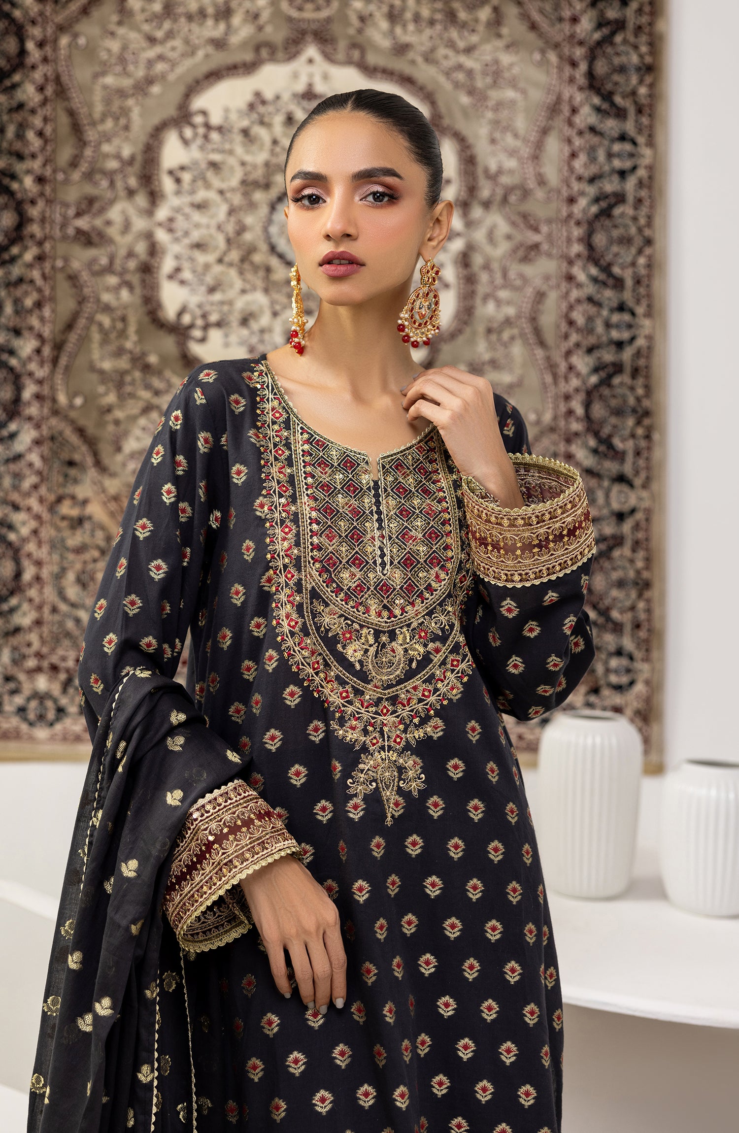 Stitched 3 Piece Embroidered Jacquard Shirt , Cambric Pant and JACQUARD Dupatta (OTLF-23-080/S BLACK)