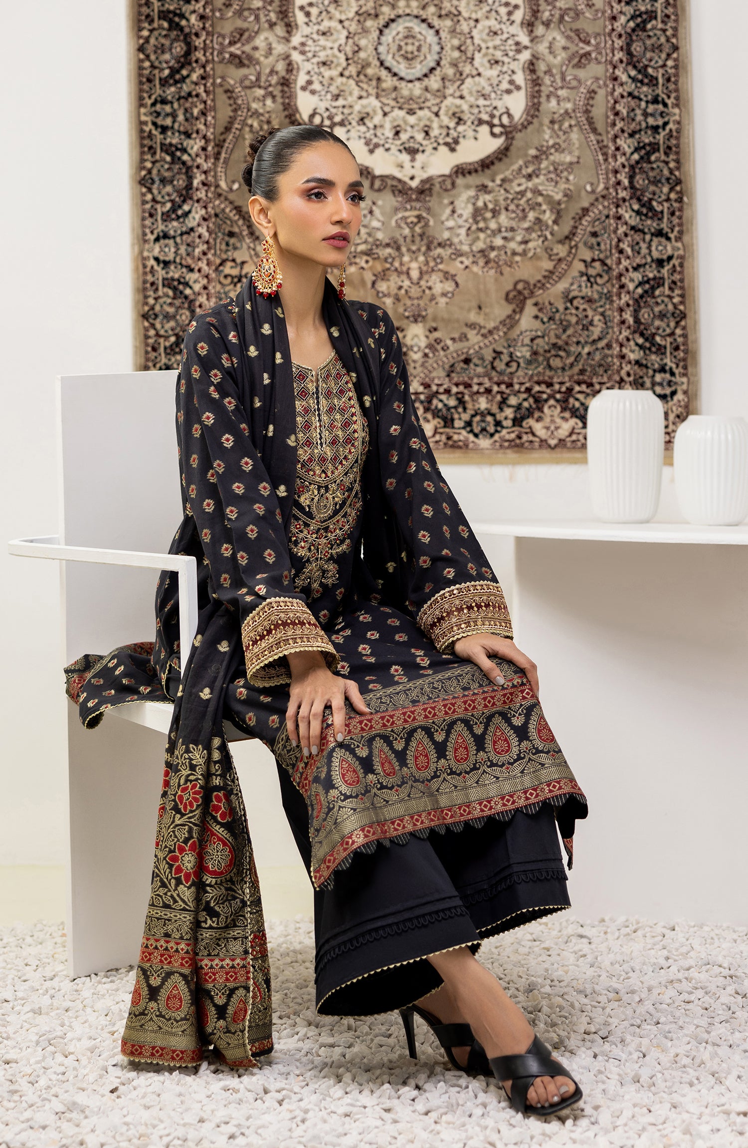 Stitched 3 Piece Embroidered Jacquard Shirt , Cambric Pant and JACQUARD Dupatta (OTLF-23-080/S BLACK)