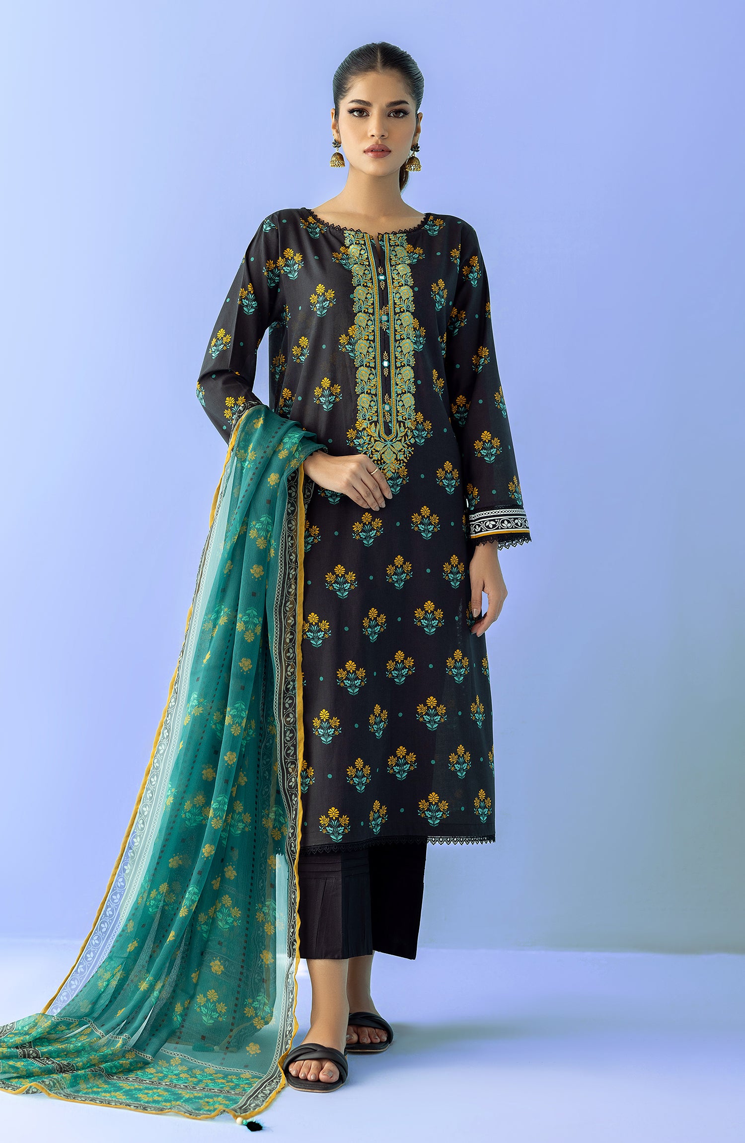 Stitched 2 Piece Printed Embroidered Lawn Shirt and Chiffon Dupatta (NRDS-24-009/S BLUE)