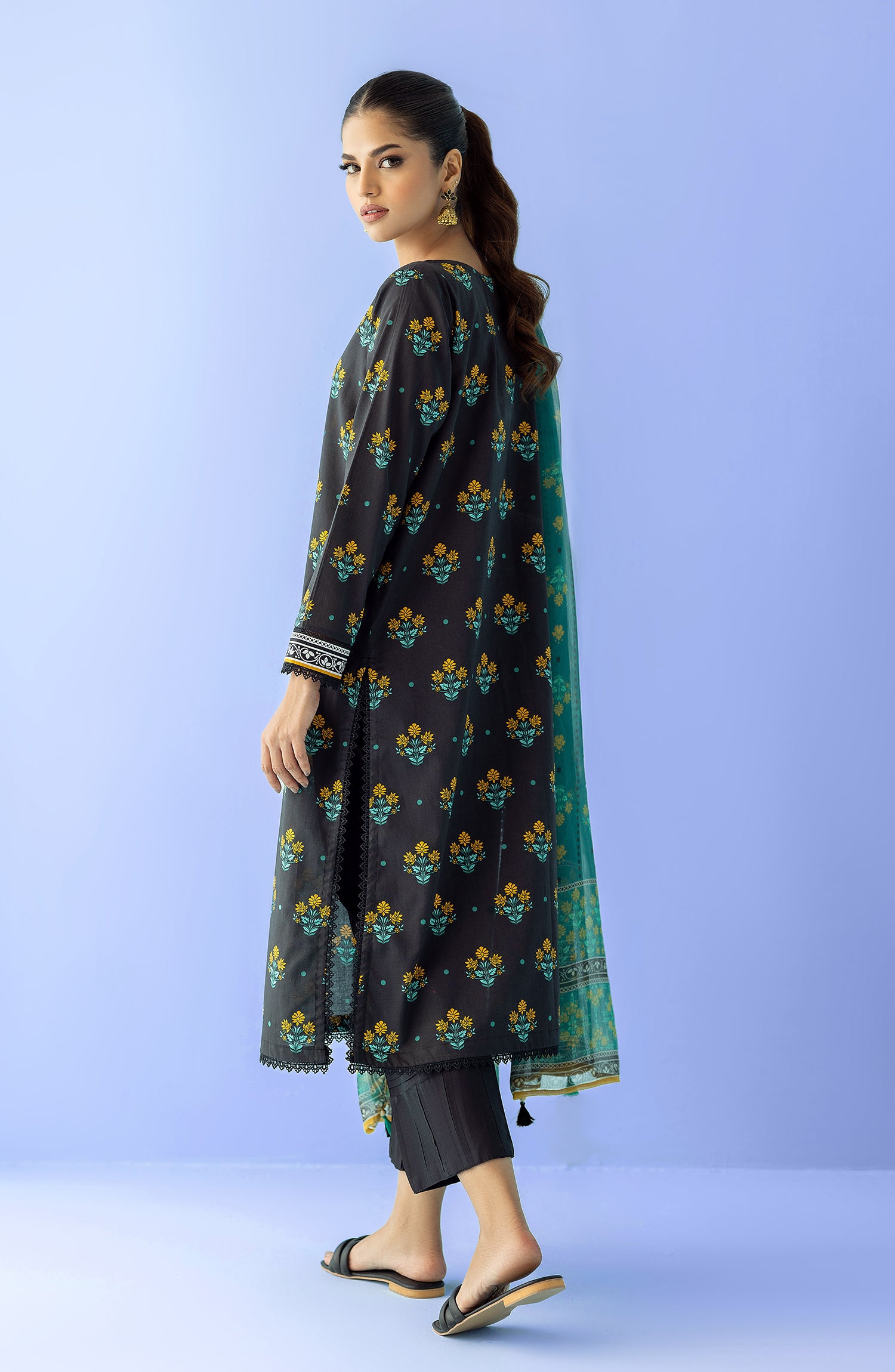 Stitched 2 Piece Printed Embroidered Lawn Shirt and Chiffon Dupatta (NRDS-24-009/S BLUE)