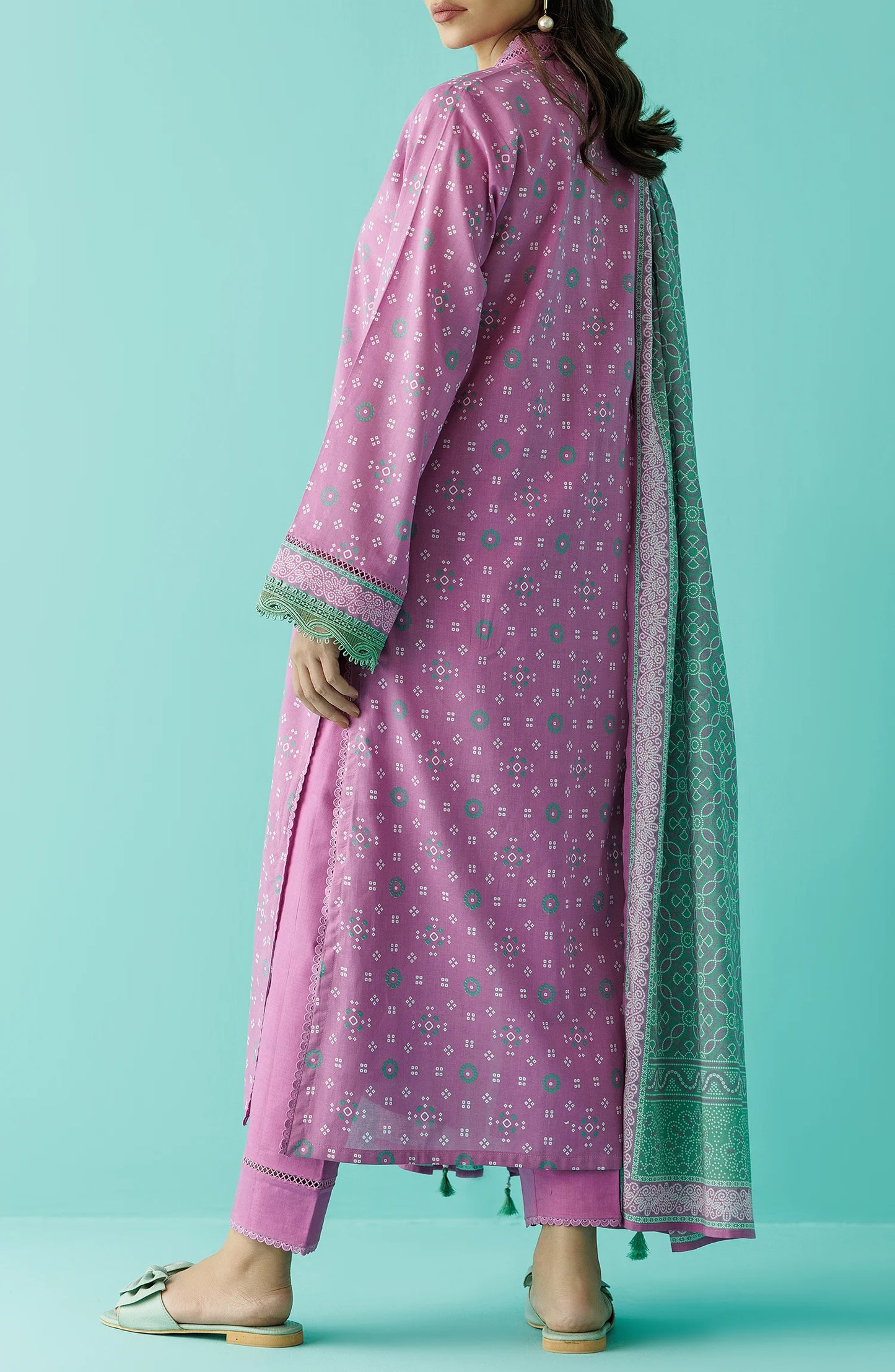 Woman wearing a pink traditional outfit with a green dupatta with a plain traditional trouser. Unstitched Printed Lawn Shirt Dupatta & Pant - 3 Piece Suits - OTL-20015