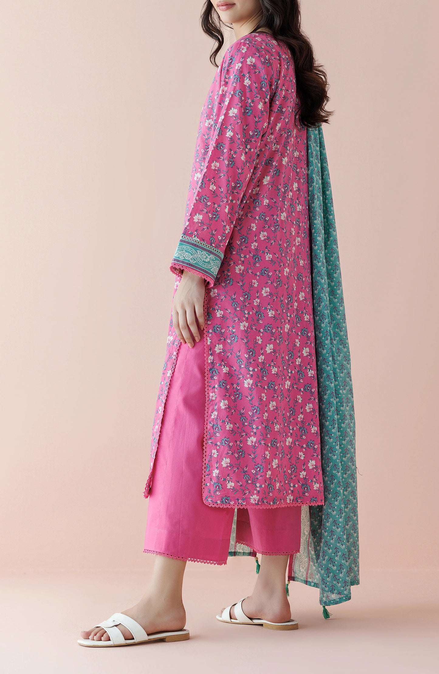 Woman wearing a pink floral kurta with a matching dupatta on a traditional dyed shalwar. Unstitched Printed Lawn Shirt Dupatta & Pant - 3 Piece Suits - OTL-20035