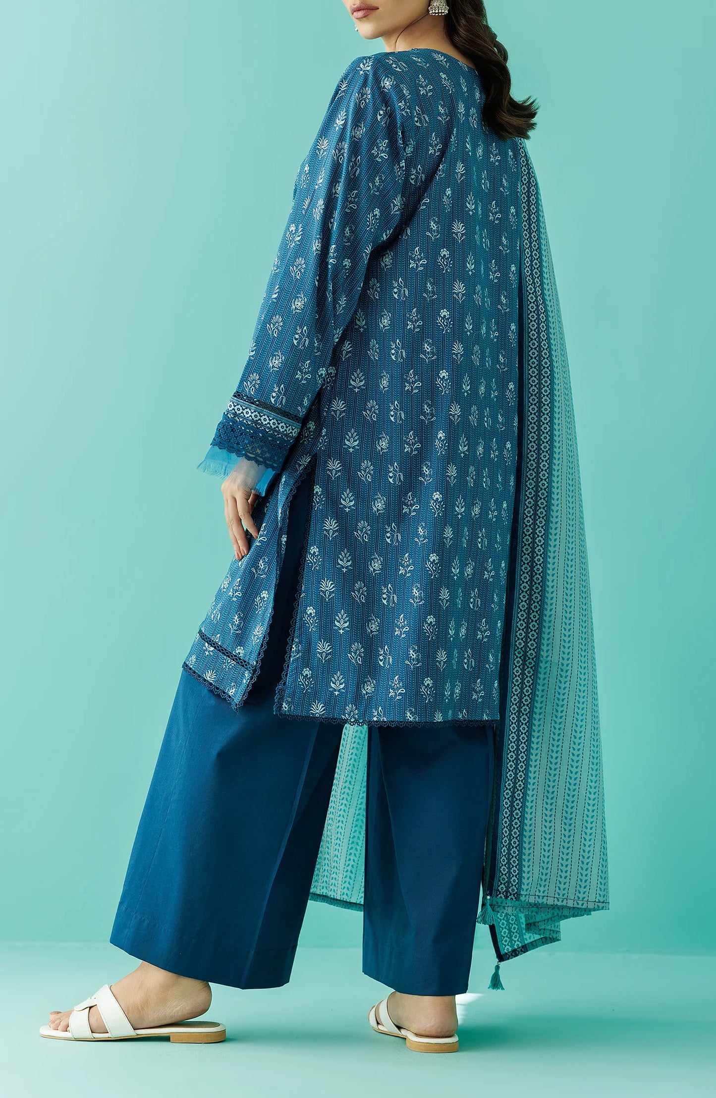 Woman wearing a blue traditional outfit with a matching dupatta against a teal blue shalwar. Unstitched Printed Lawn Shirt Dupatta & Pant - 3 Piece Suits - OTL-20045