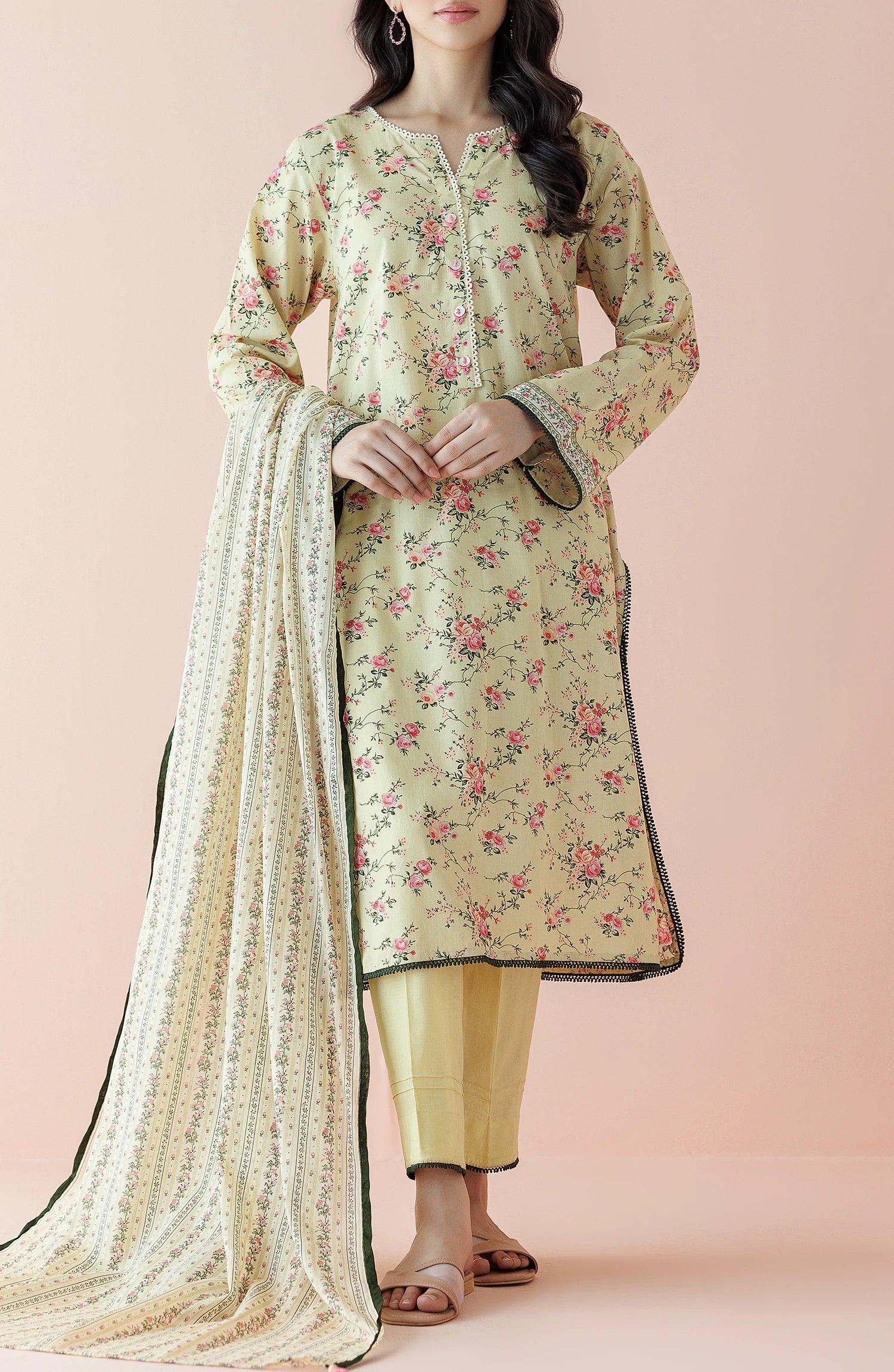 Woman wearing a floral dress with a matching dupatta on a plain classic shalwar. Unstitched Printed Lawn Shirt Dupatta & Pant - 3 Piece Suits - OTL-20055