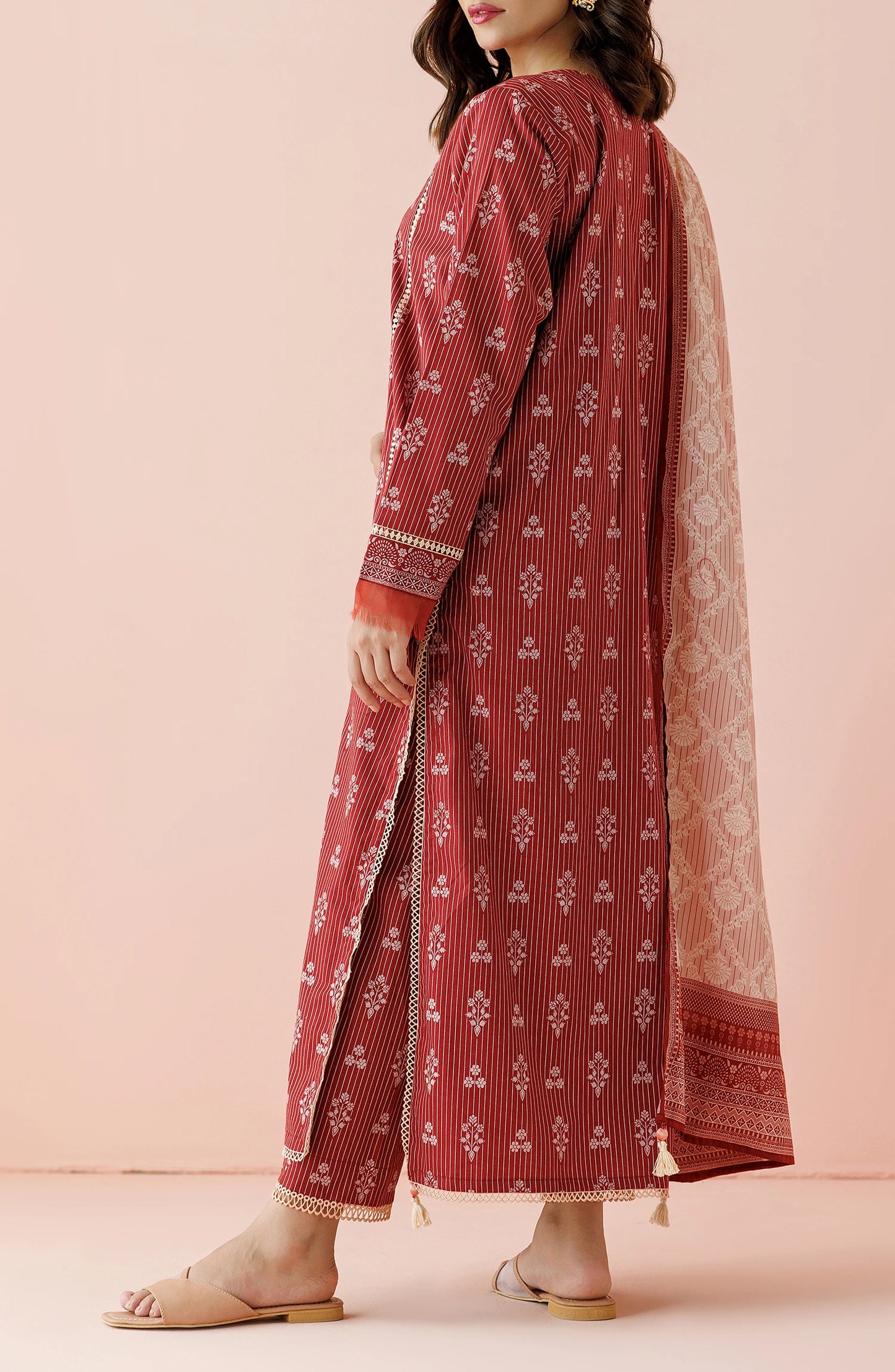 Red patterned kurta with white dupatta on a dyed trouser. Unstitched Printed Lawn Shirt Dupatta & Pant - 3 Piece Suits - OTL-20165