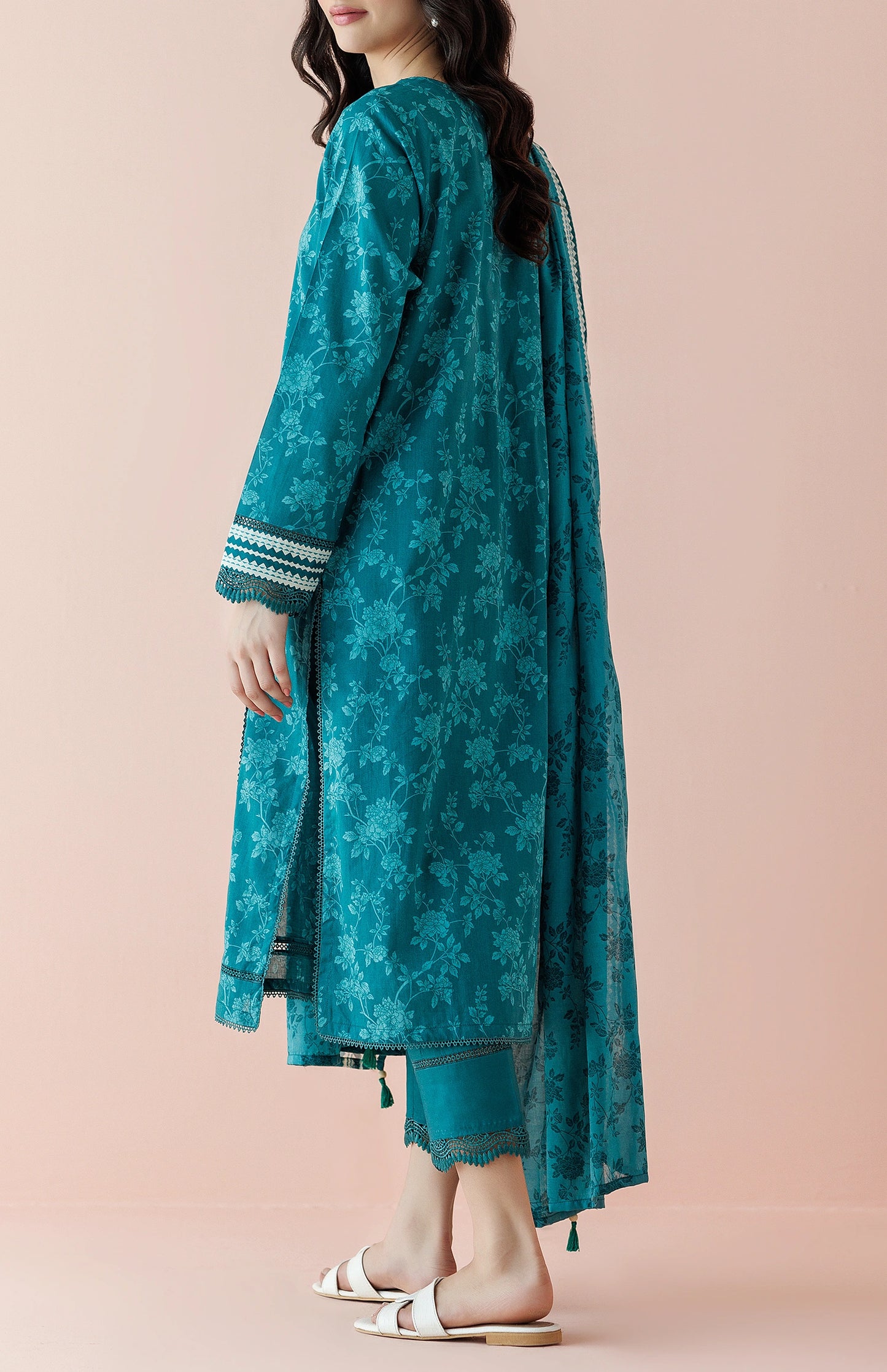 Women wearing a Teal traditional outfit with matching dupatta on a dyed trouser. Unstitched Printed Lawn Shirt Dupatta & Pant - 3 Piece Suits - OTL-20205