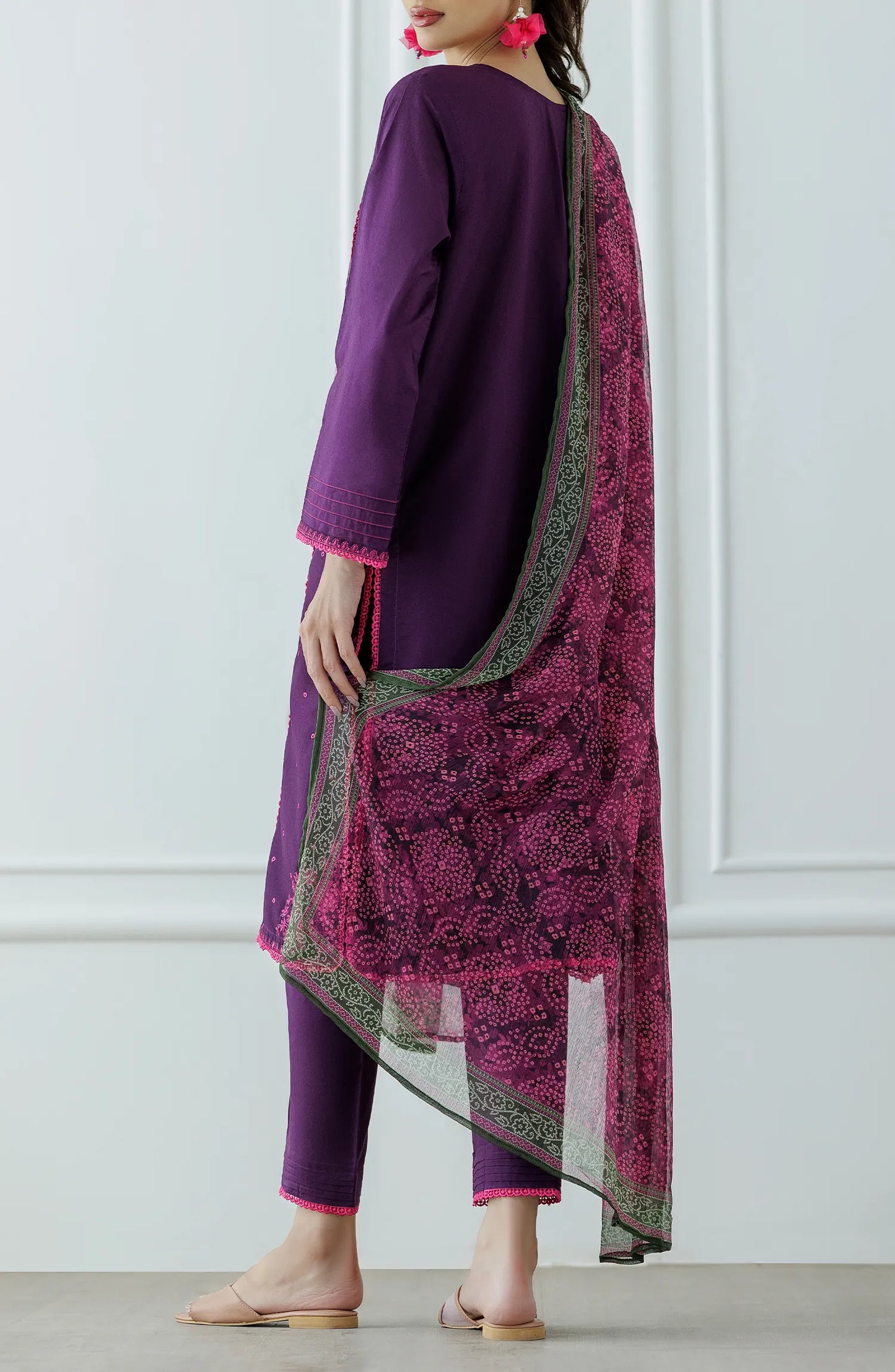 Woman wearing a purple embroidered outfit with a matching dupatta on a dyed trouser. Stitched Luxury Festive Formal Lawn Shirt Dupatta & Pant - 3 Piece Suits - OTL-24-355