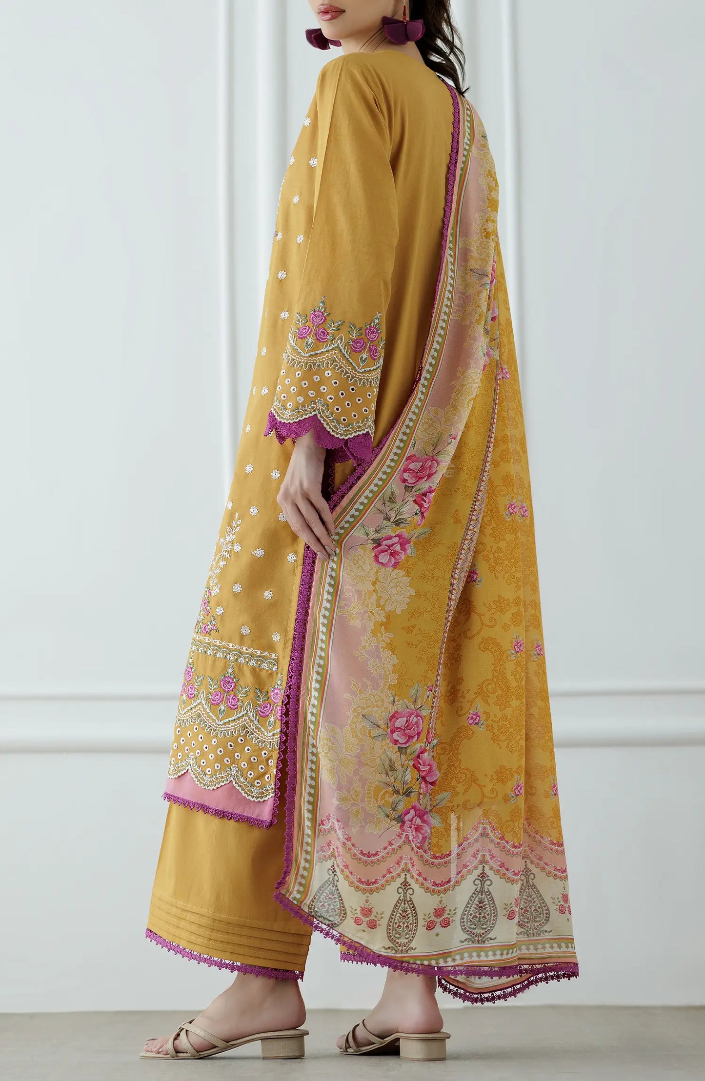 Yellow embroidered traditional outfit with pink accents on a printed dupatta. Stitched Luxury Festive Formal Lawn Shirt Dupatta & Pant - 3 Piece Suits - OTL-25-075