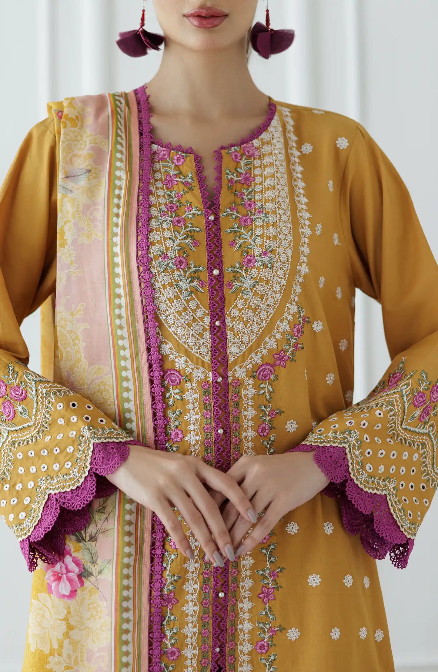 Yellow embroidered traditional outfit with pink accents on a printed dupatta. Stitched Luxury Festive Formal Lawn Shirt Dupatta & Pant - 3 Piece Suits - OTL-25-075