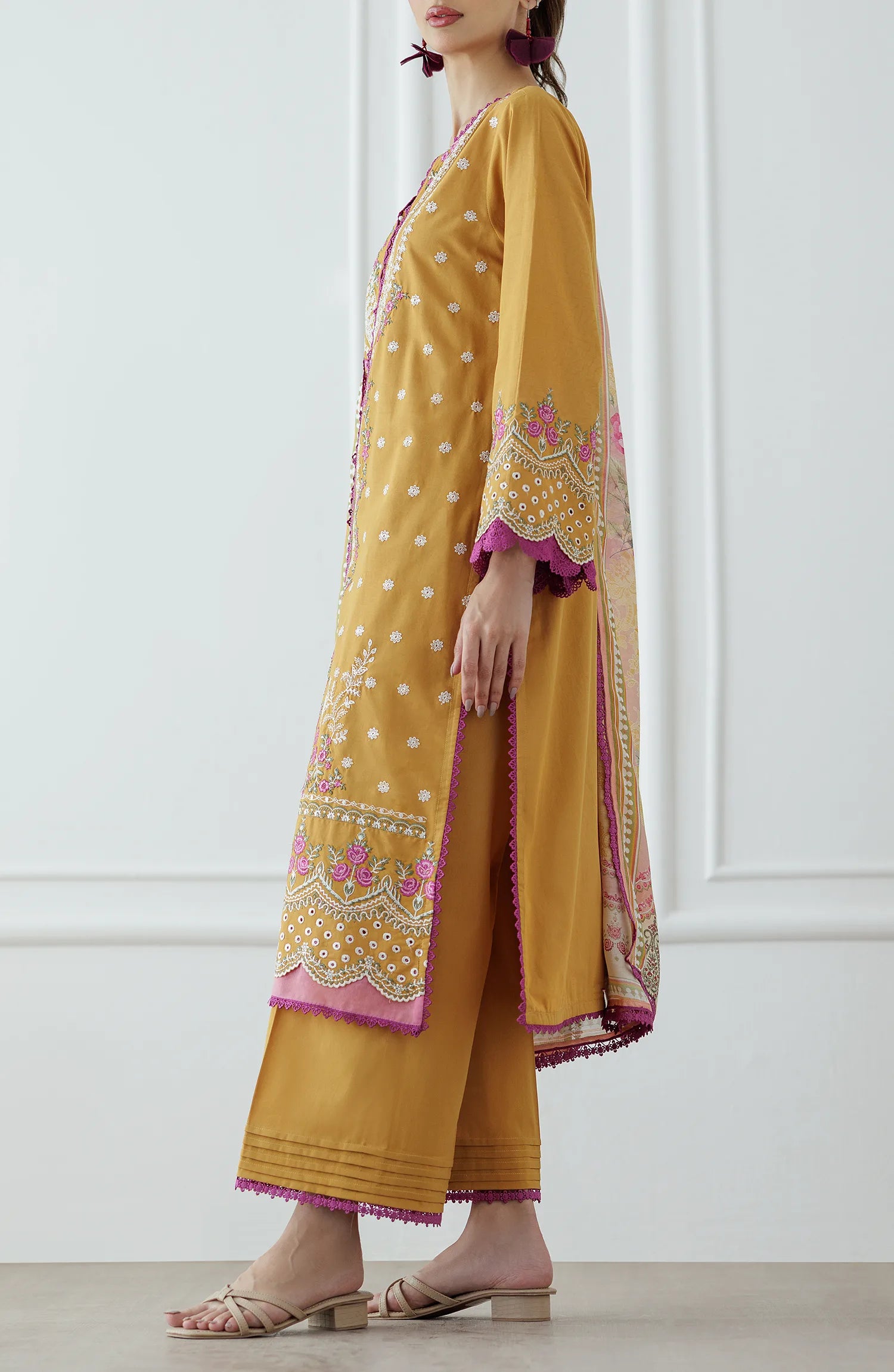 Yellow embroidered traditional outfit with pink accents on a printed dupatta. Stitched Luxury Festive Formal Lawn Shirt Dupatta & Pant - 3 Piece Suits - OTL-25-075