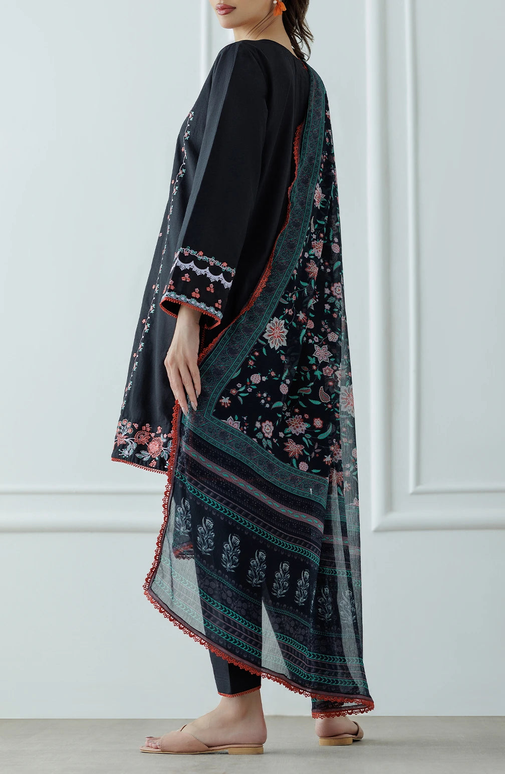 Black embroidered outfit with floral patterns and a chiffon dupatta with dyed trouser. Stitched Luxury Festive Formal Lawn Shirt Dupatta & Pant - 3 Piece Suits - OTL-25-083