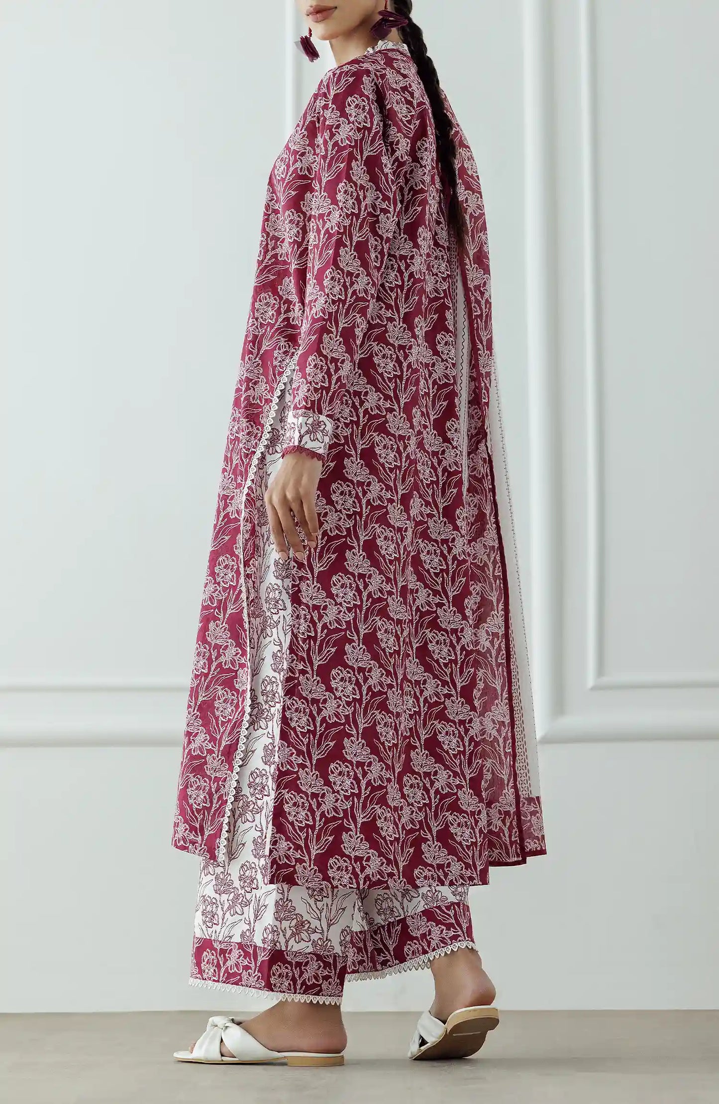 Stitched Printed Lawn Shirt Dupatta & Pant - 3 Piece - OTL-25-357. Woman wearing a patterned dress with a matching dupatta.