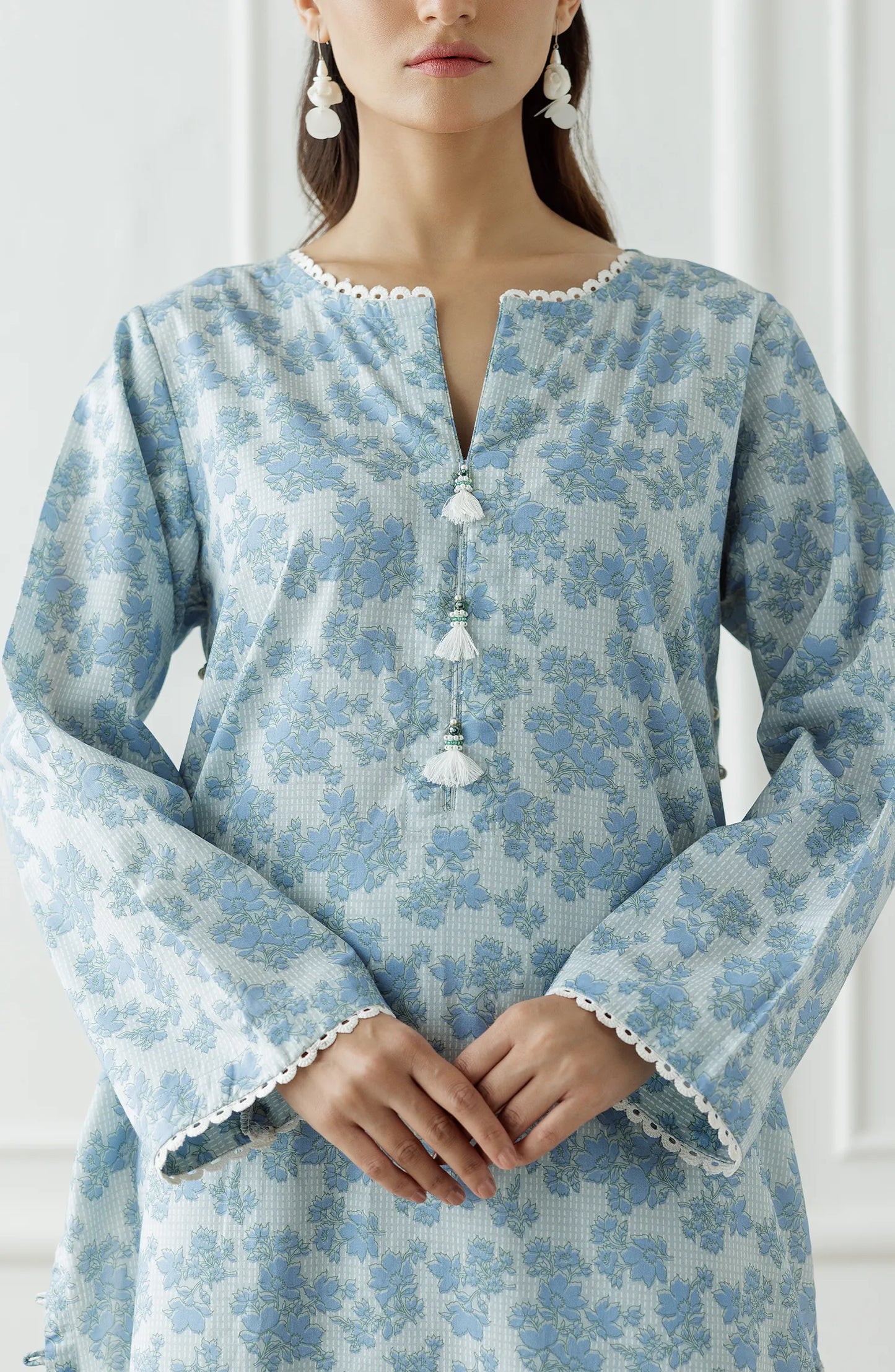 Woman wearing a light blue floral kurta with a printed culotte. Stitched Printed Lawn Shirt & Pant - 2 Piece (Co-ord Set) - WRCC25S-2001