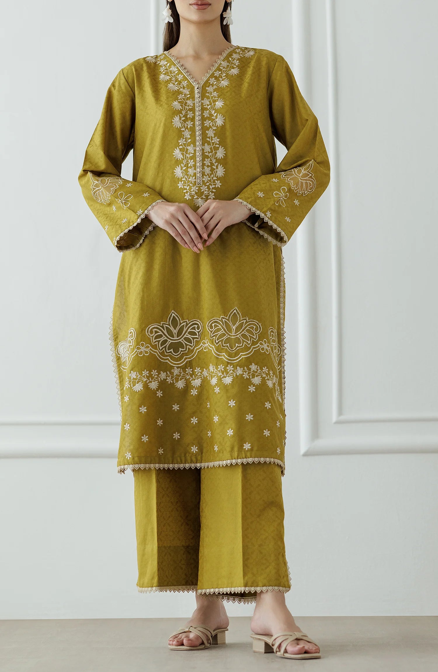 Woman wearing a mustard yellow embroidered traditional culotte. Stitched Luxury Premium Embroidered Lawn Shirt & Pant - 2 Piece Suits (Co-ord Set) - WRCJ25S-2003