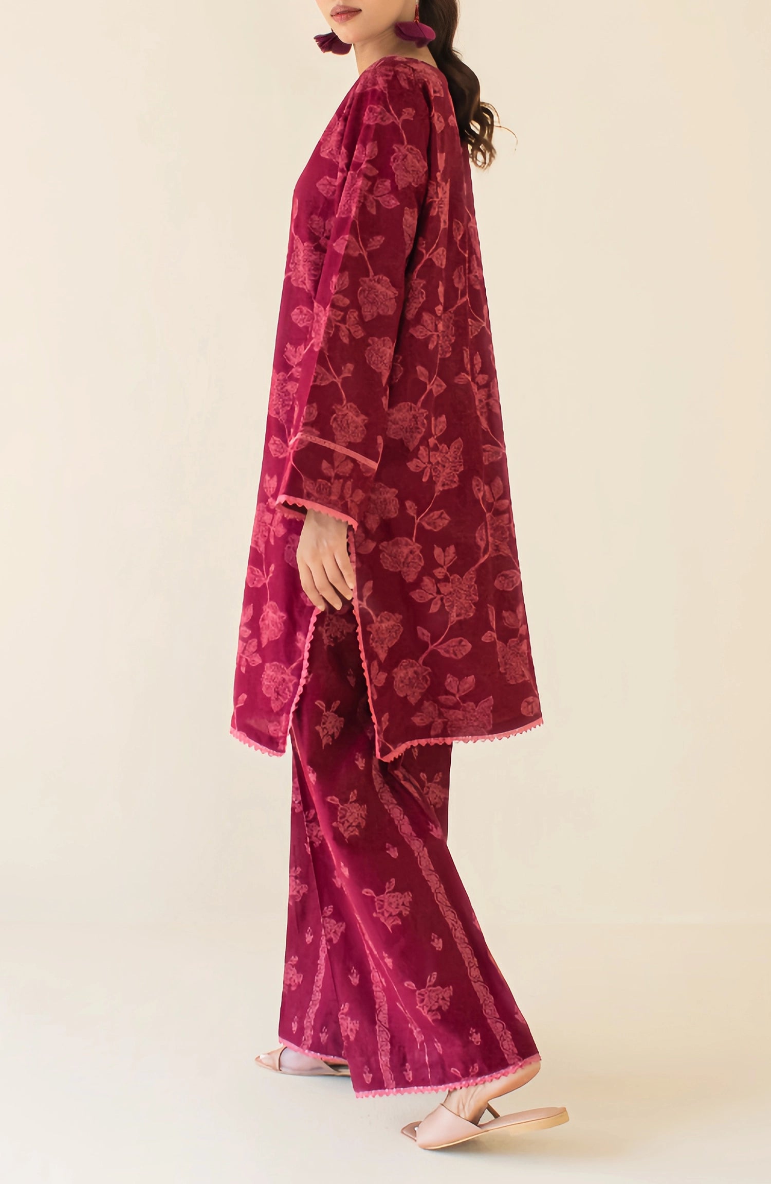 Maroon traditional outfit with floral patterns on a matching trouser. WRCY24S-2010 JACQUARD Women READY TO WEAR SHIRT PANTS