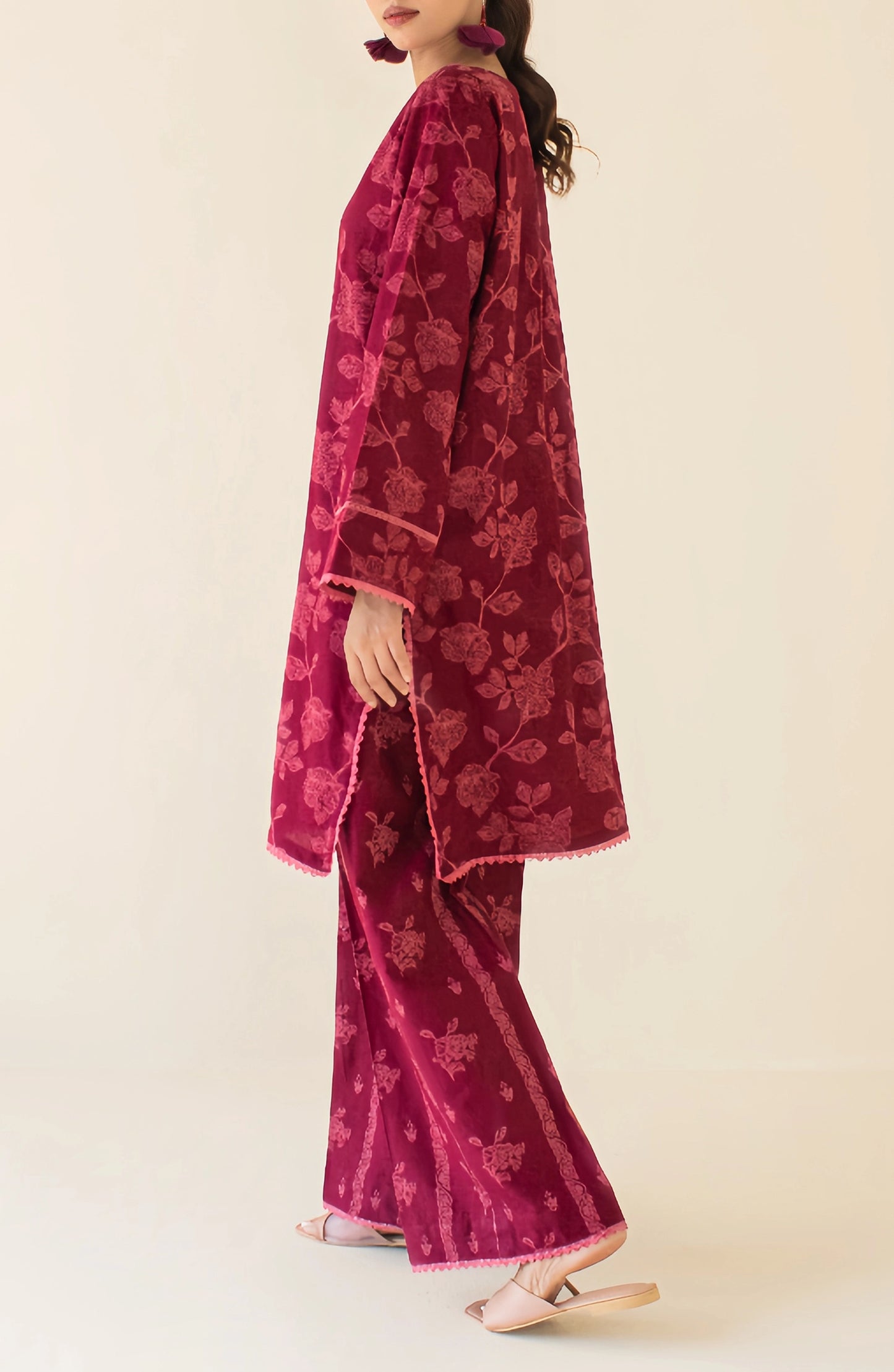 Maroon traditional outfit with floral patterns on a matching trouser. WRCY24S-2010 JACQUARD Women READY TO WEAR SHIRT PANTS