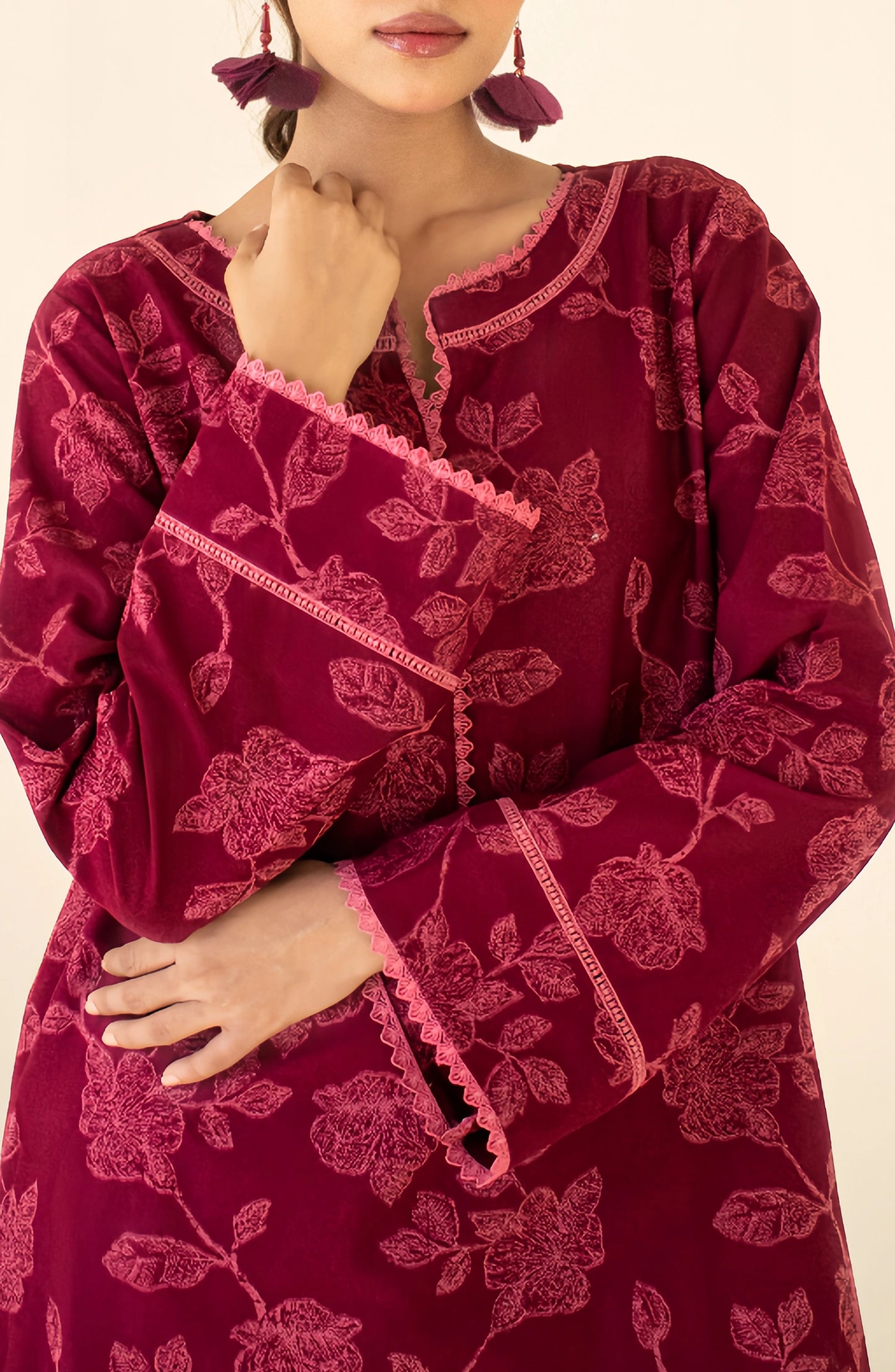 Maroon traditional outfit with floral patterns on a matching trouser. WRCY24S-2010 JACQUARD Women READY TO WEAR SHIRT PANTS