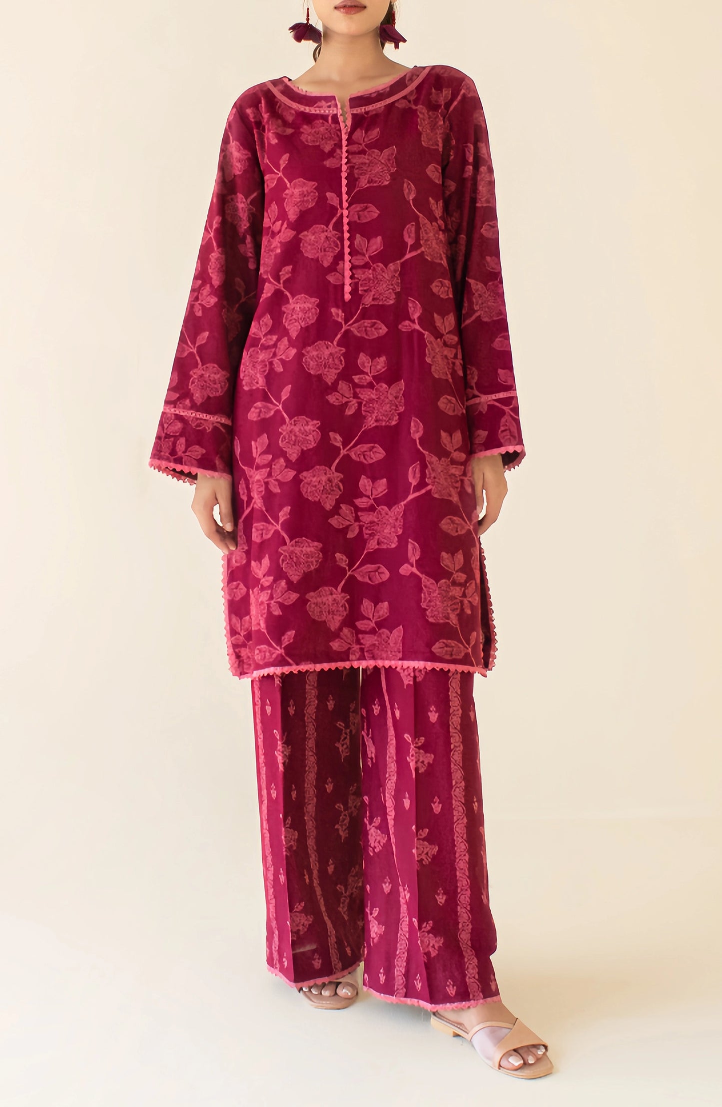 Maroon traditional outfit with floral patterns on a matching trouser. WRCY24S-2010 JACQUARD Women READY TO WEAR SHIRT PANTS