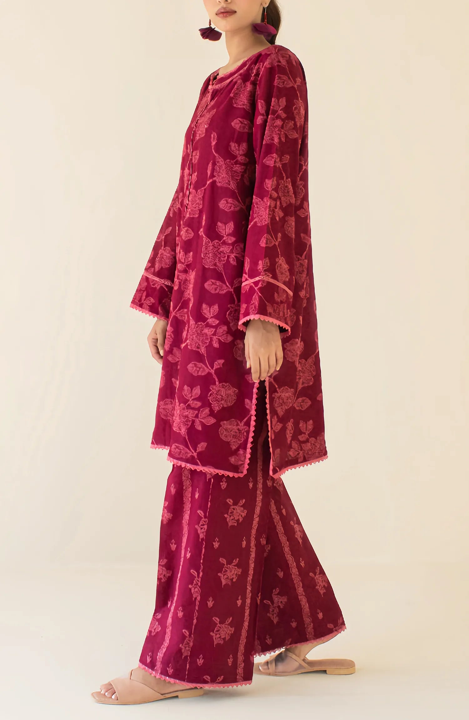 Maroon traditional outfit with floral patterns on a matching trouser. WRCY24S-2010 JACQUARD Women READY TO WEAR SHIRT PANTS