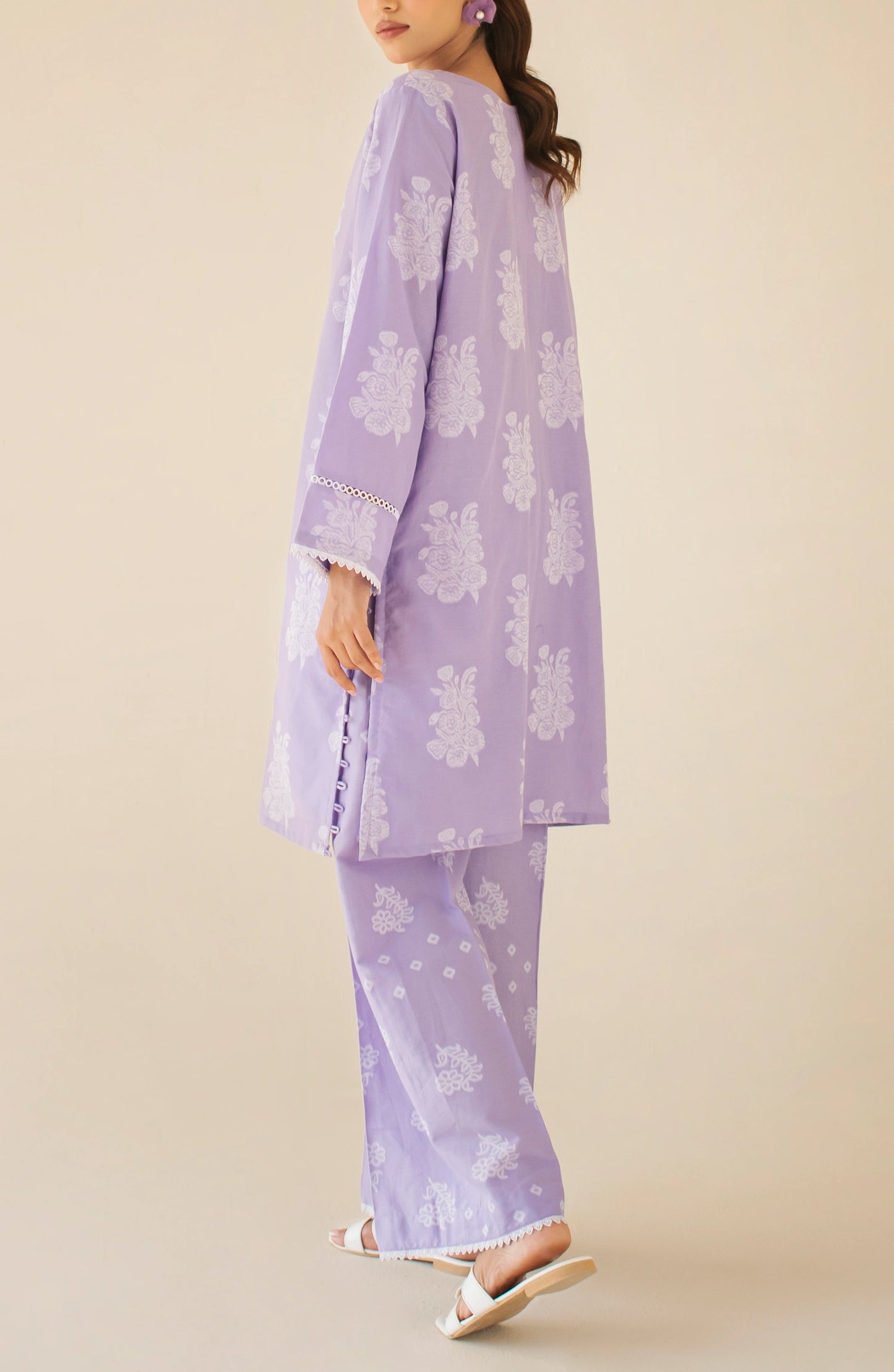 Women wearing a Lavender dress with white lace details on a matching culotte. Stitched Premium Dyed Jacquard Cord - Set, Shirt & Pant - WRCY24S-2011